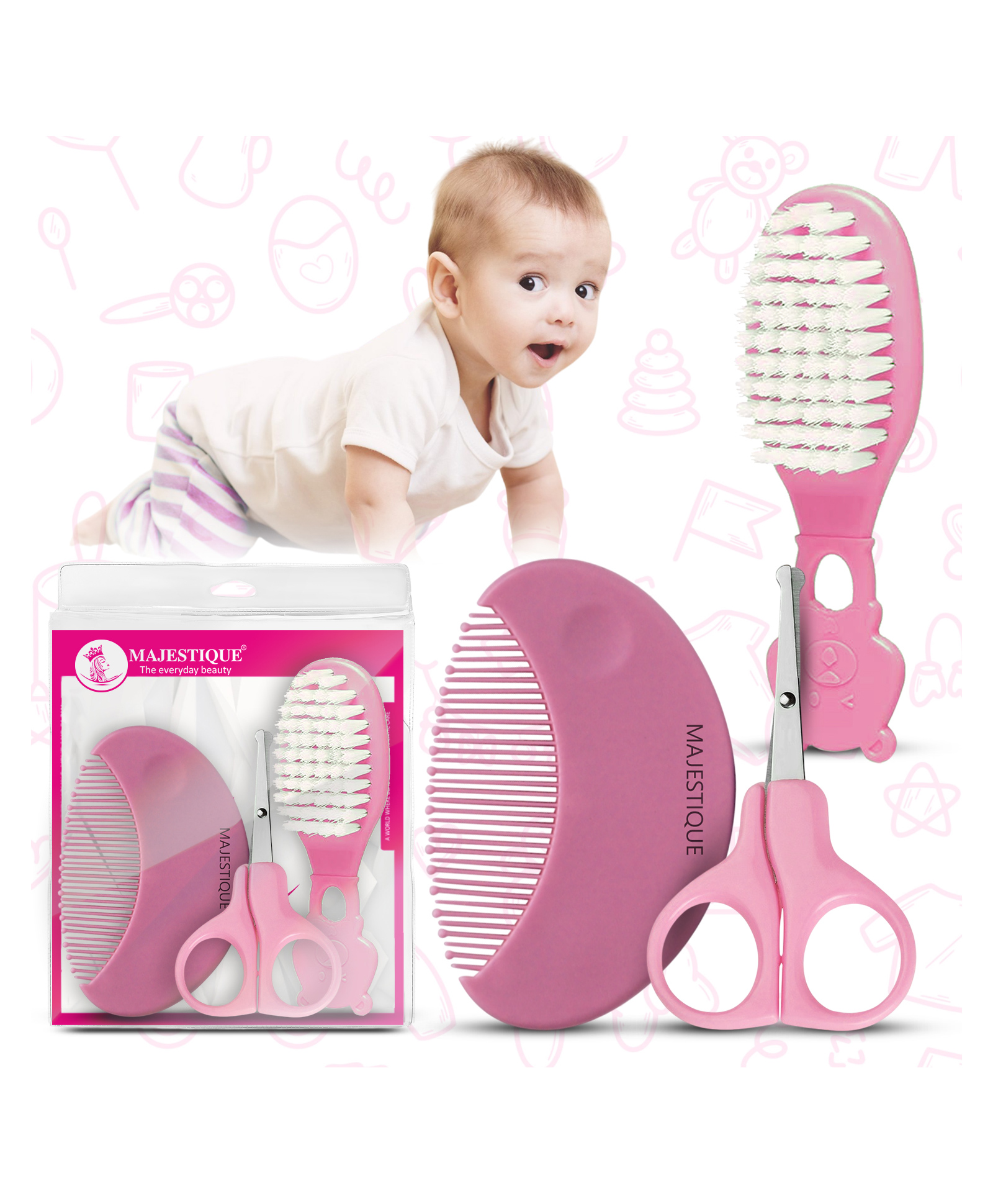 Majestique Baby Care And Grooming Set for New Born Baby, Hair Brush, Comb & Scissor - 3Pcs_PINK-image-22