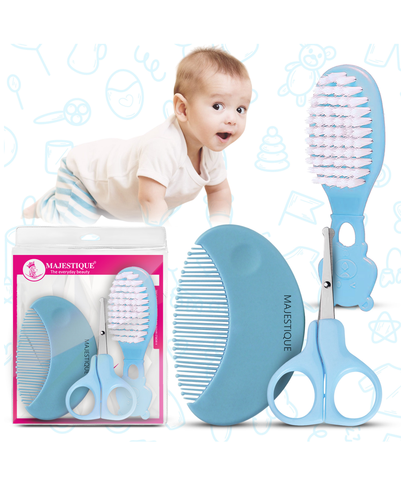 Majestique Baby Care And Grooming Set for New Born Baby, Hair Brush, Comb & Scissor - 3Pcs_BLUE-picture-35