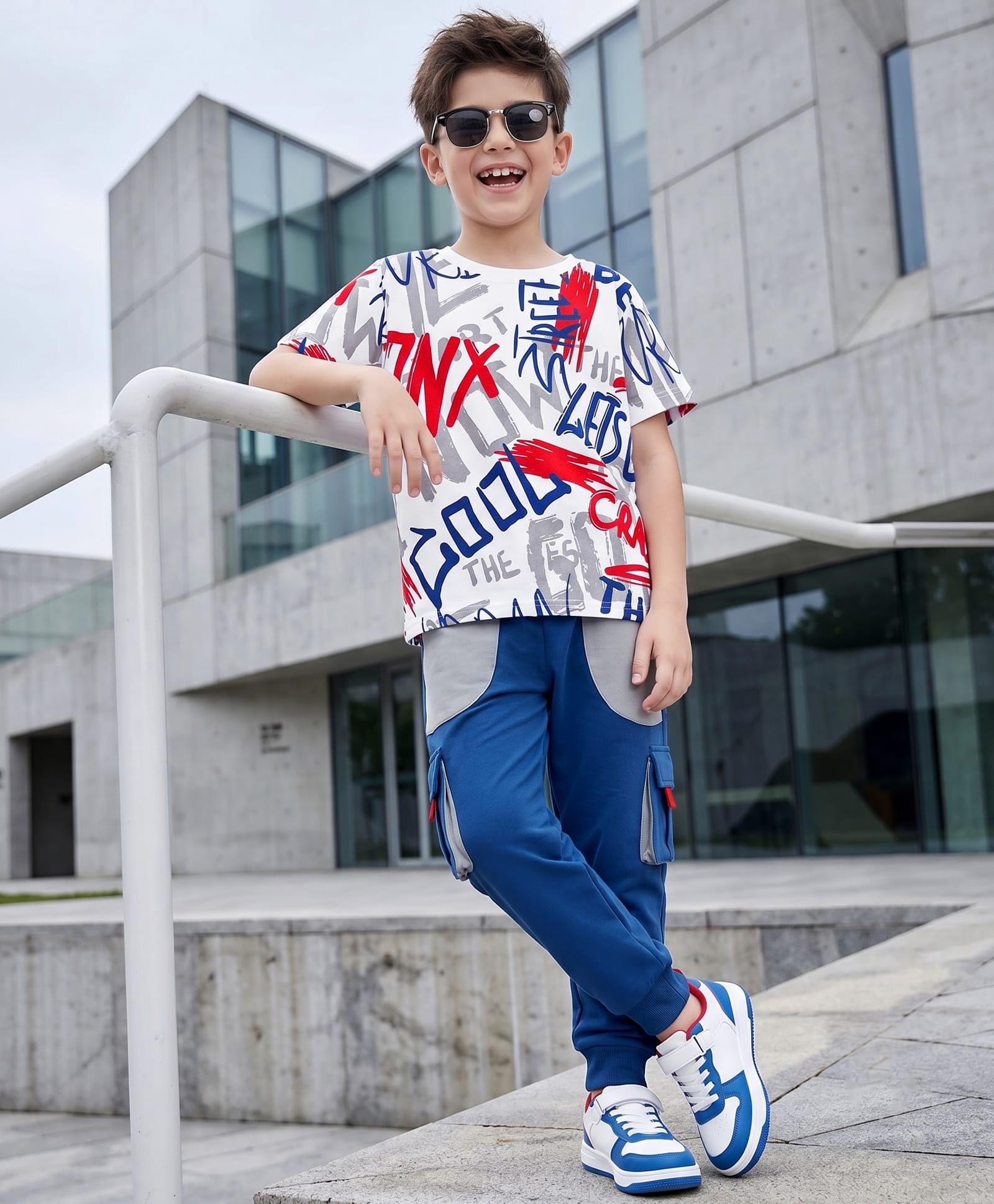 Ollington St. Set Of Cotton Knit Text Printed Half Sleeves T-Shirt & Joggers - Multicolour & Blue-picture-12