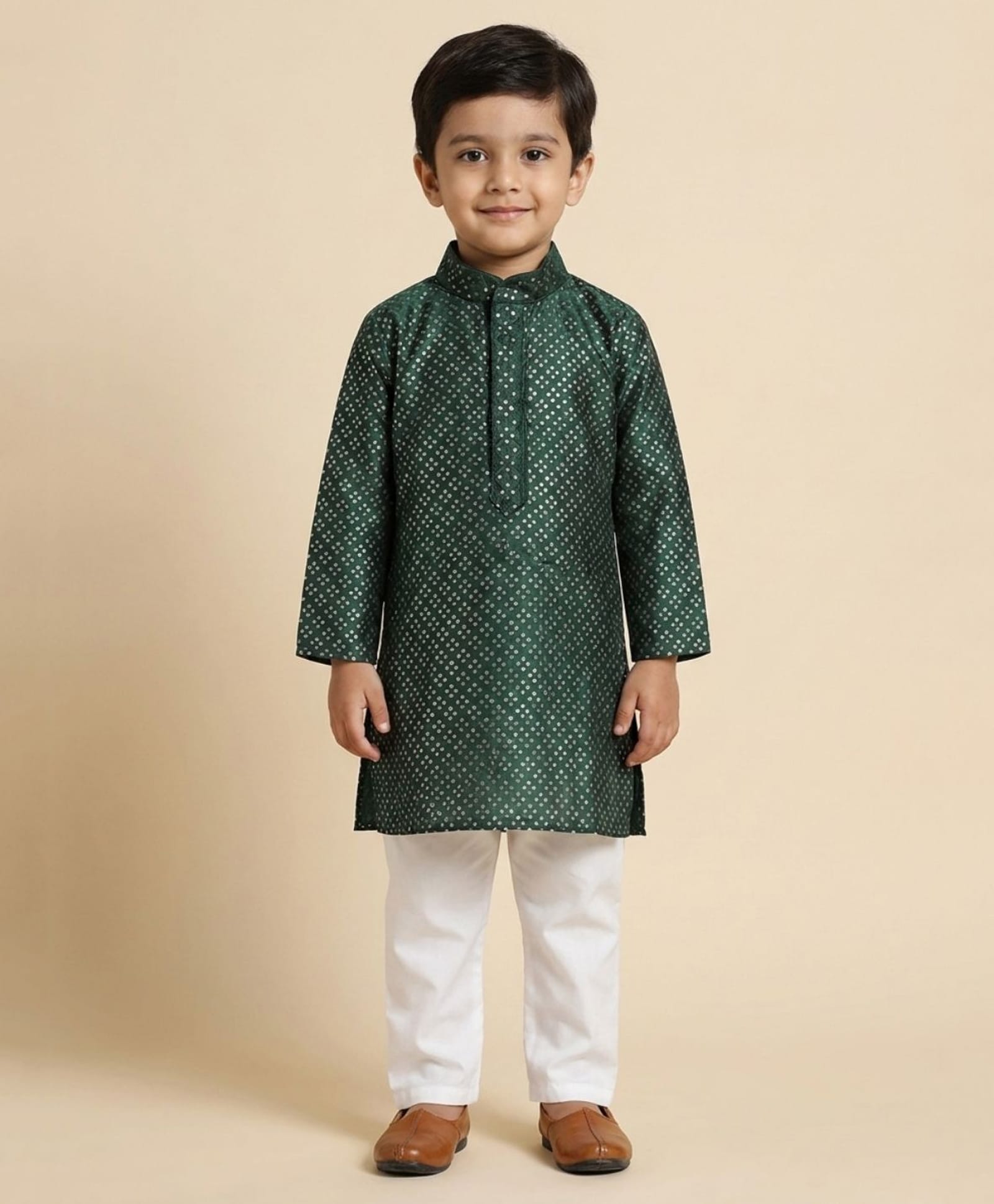 Ridokidz Cotton Woven Full Sleeve Bandhani Printed Kurta Pajama Set - Green-picture-36