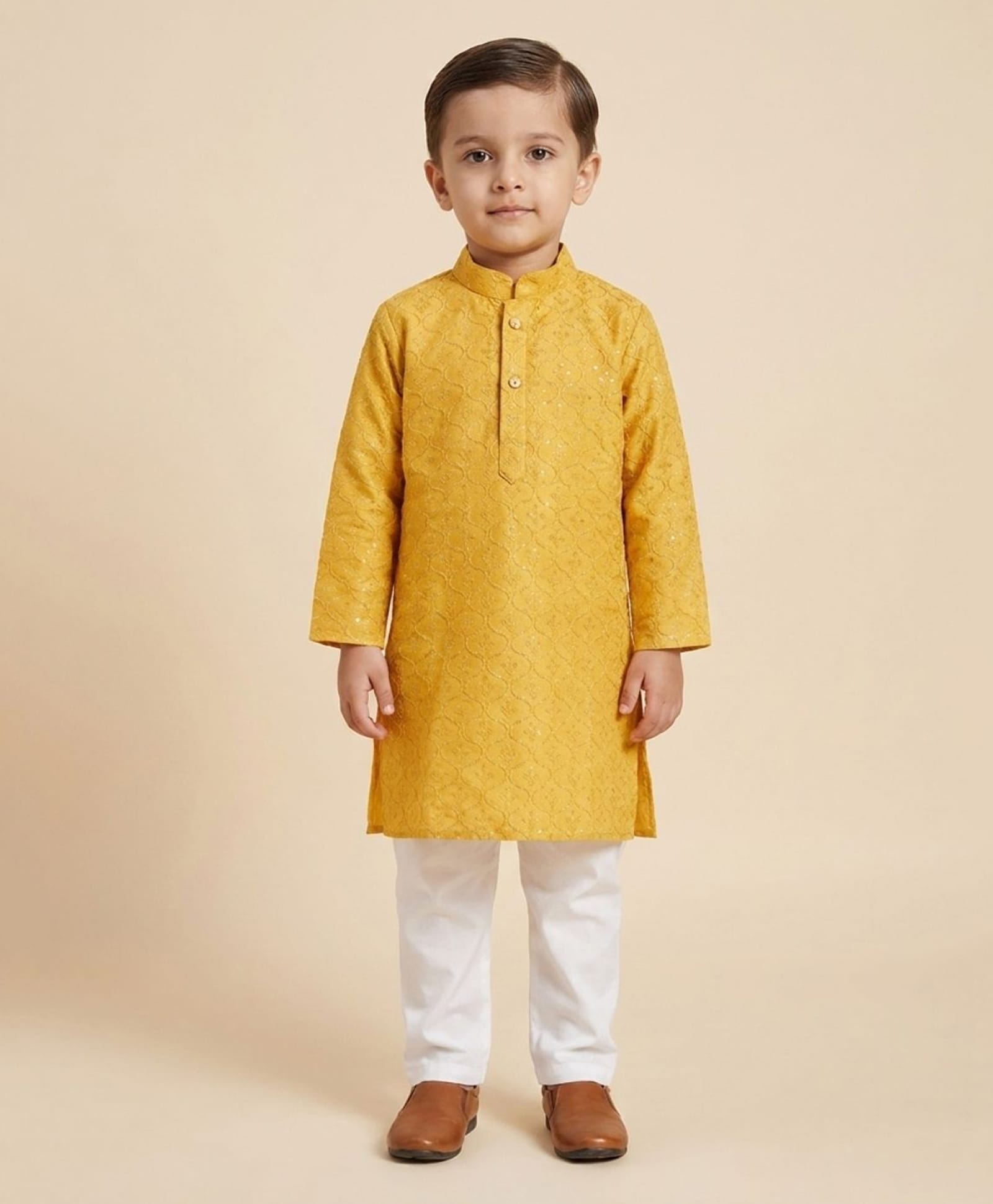 Ridokidz Cotton Woven Full Sleeves Embroidered & Sequinned Kurta Pajama Set - Golden-picture-7