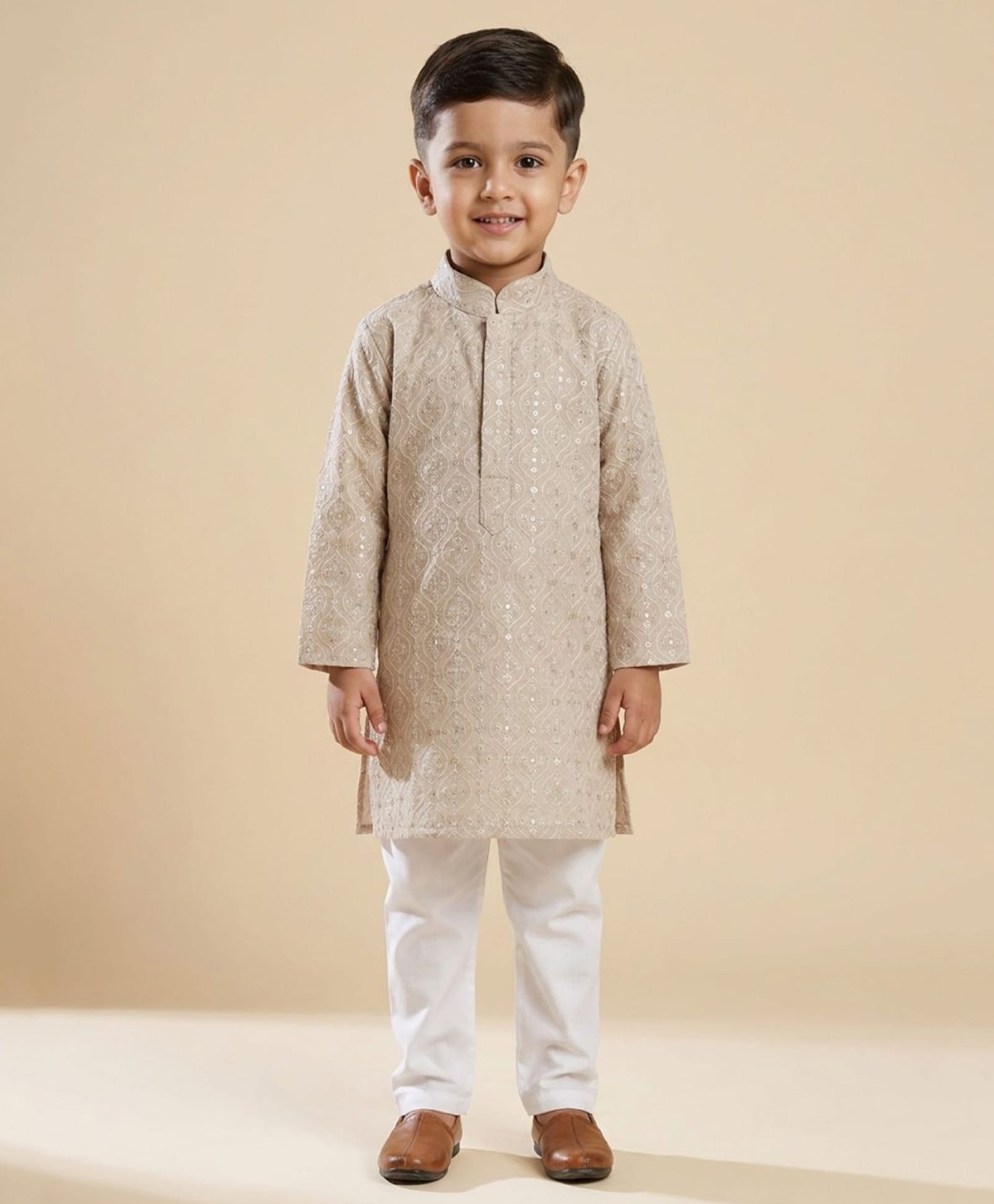 Ridokidz Cotton Woven Full Sleeves Embroidered & Sequinned Kurta Pajama Set - Beige-picture-35