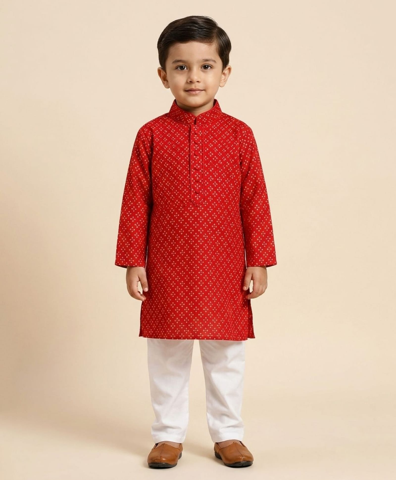 Ridokidz Cotton Woven Full Sleeve Bandhani Printed Kurta Pajama Set - Red-picture-45