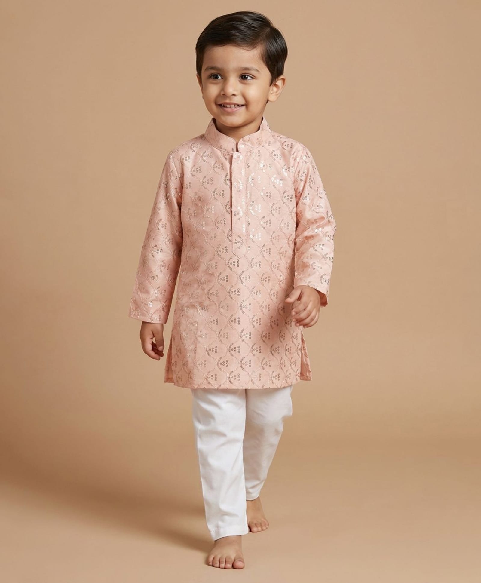 Ridokidz Cotton Woven Full Sleeves Sequinned Kurta Pajama Set - Light Pink-image-5