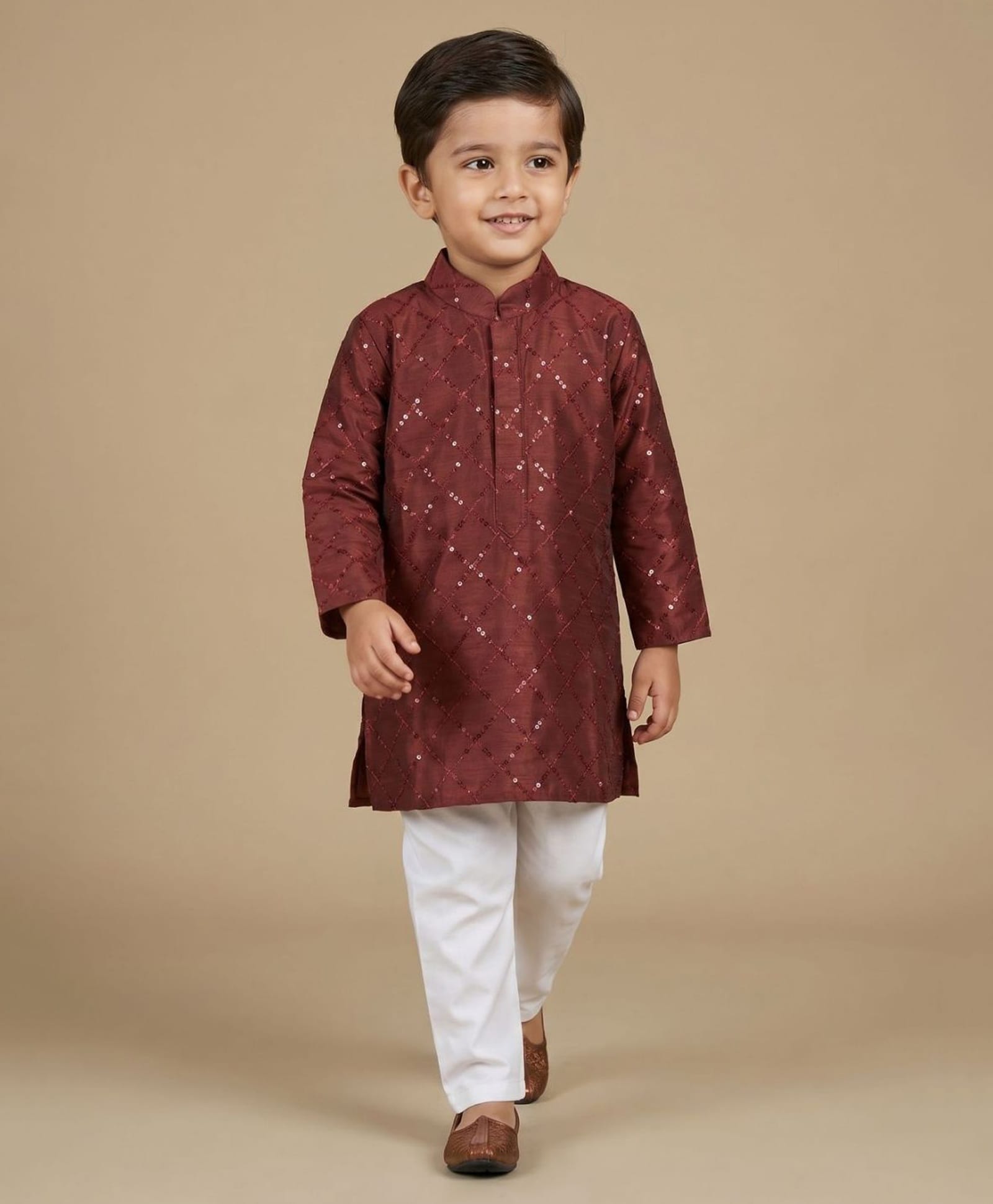 Ridokidz Cotton Woven Full Sleeves Sequinned Kurta Pajama Set - Maroon-picture-39