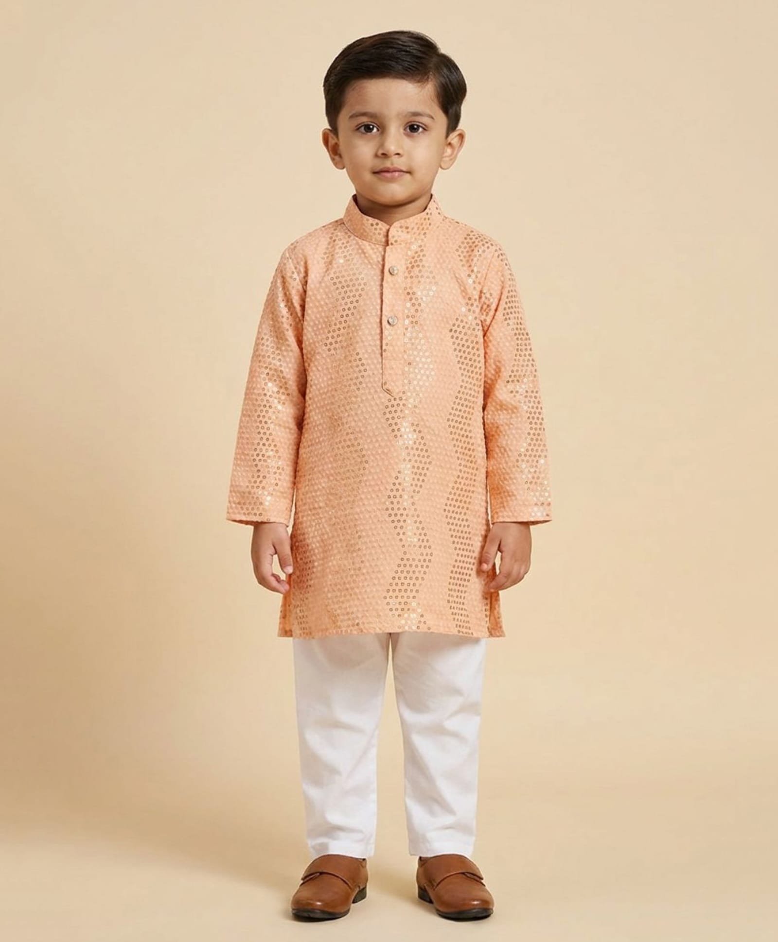 Ridokidz Cotton Woven Full Sleeves Sequinned Kurta Pajama Set - Peach-image-35