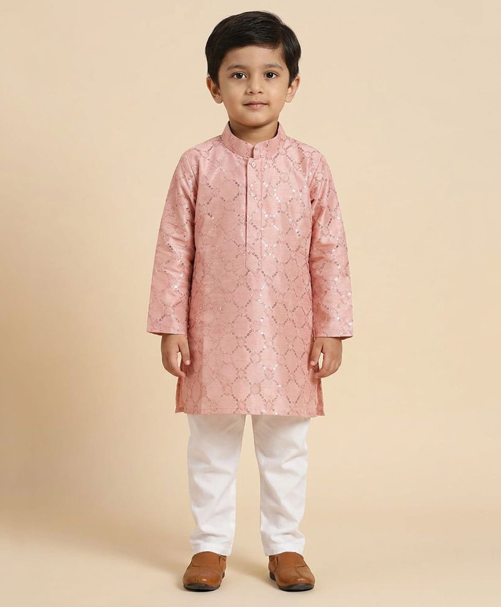Ridokidz Cotton Woven Full Sleeves Sequinned Kurta Pajama Set - Light Pink-picture-11