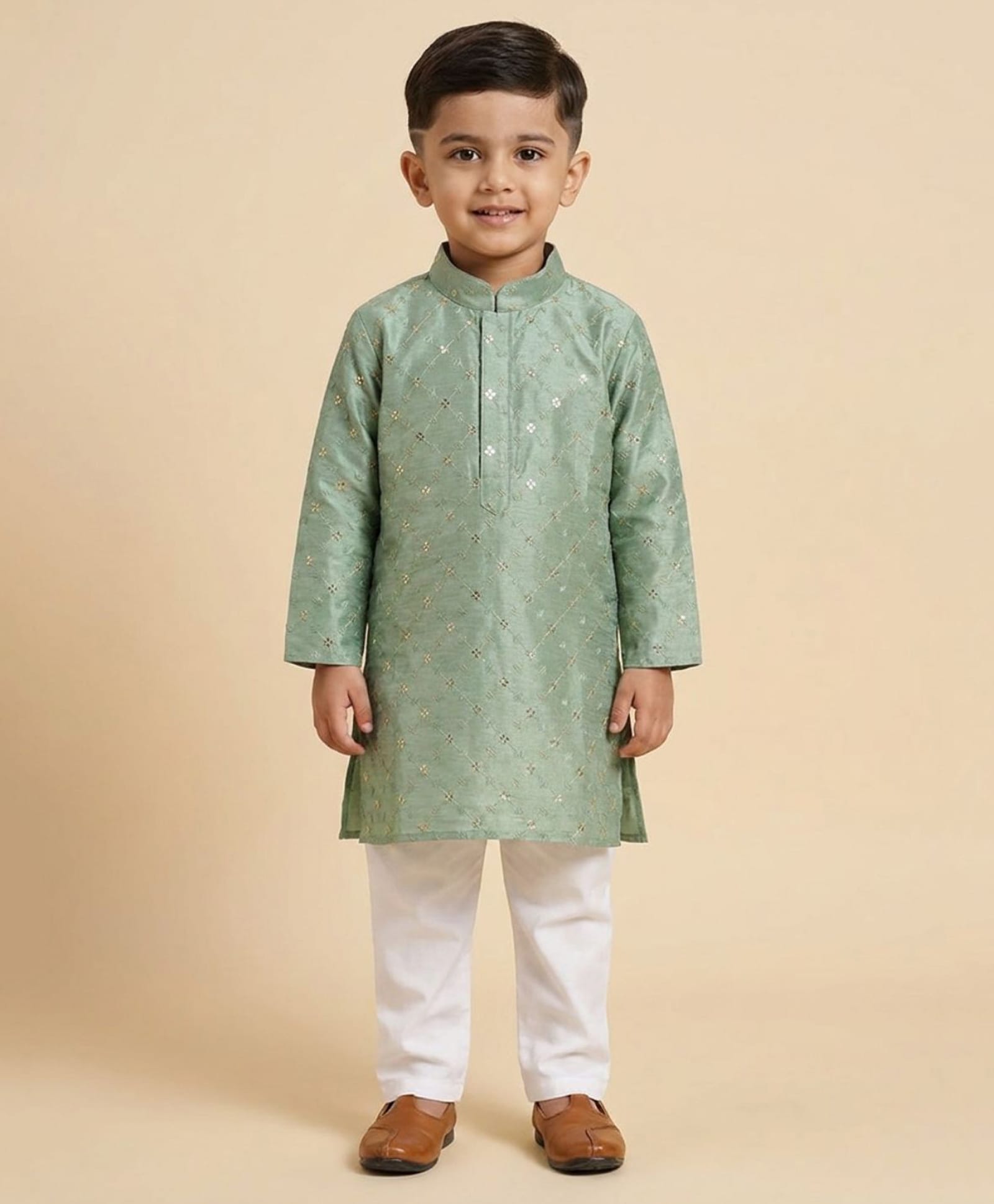 Ridokidz Cotton Woven Full Sleeves Sequinned Kurta Pajama Set - Sea Green-picture-2