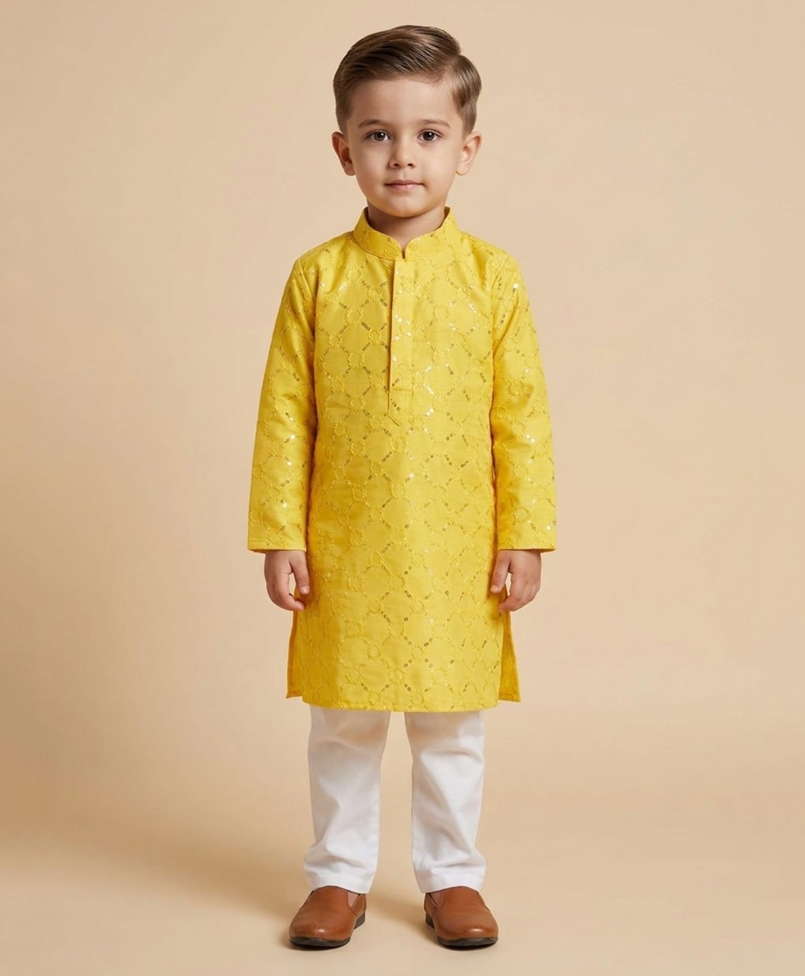 Ridokidz Cotton Woven Full Sleeves Sequinned Kurta Pajama Set - Yellow-picture-13