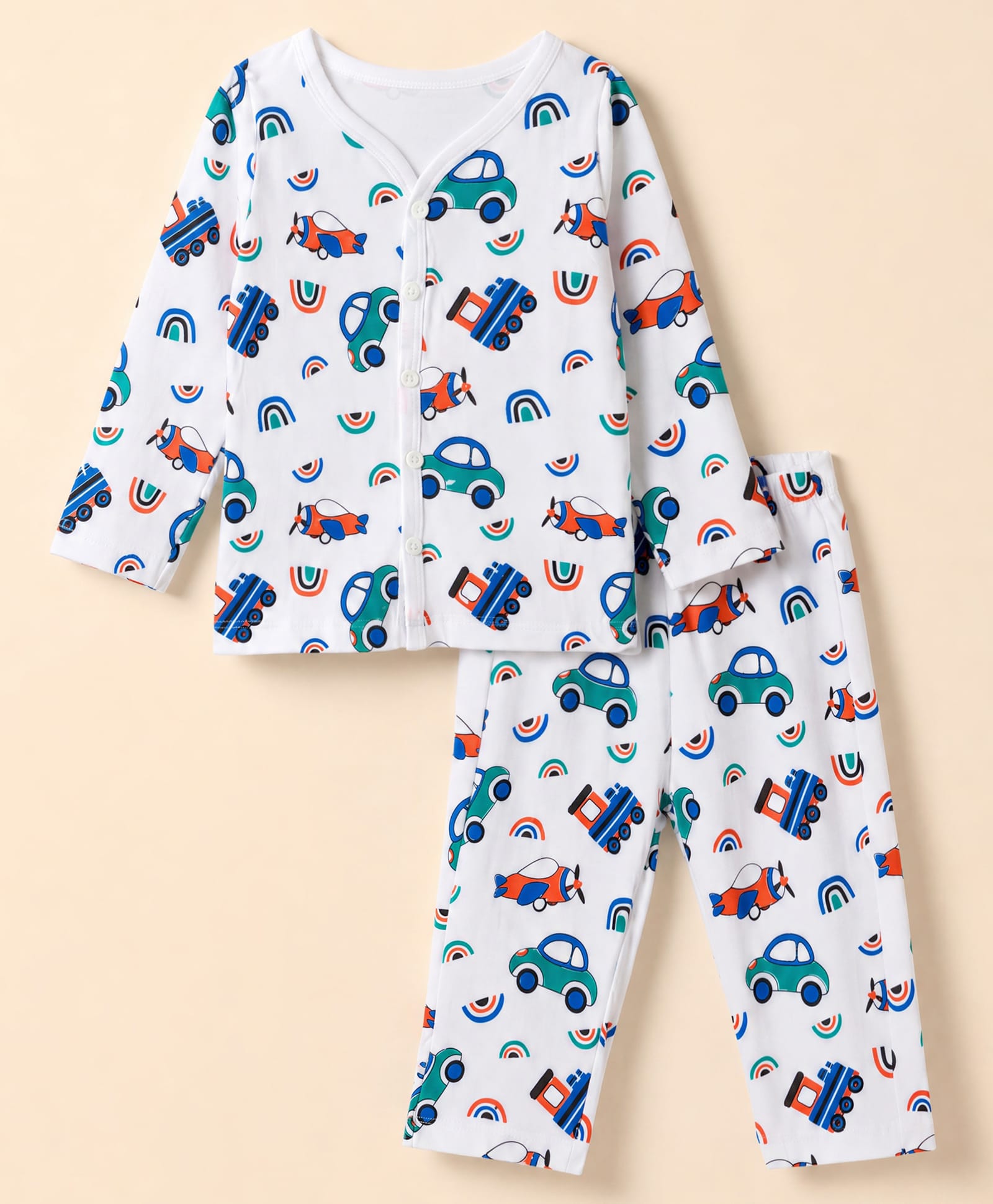 Doodle Poodle 100% Cotton Knit Full Sleeves Car Printed T-Shirt & Lounge Pant Set - White-picture-34