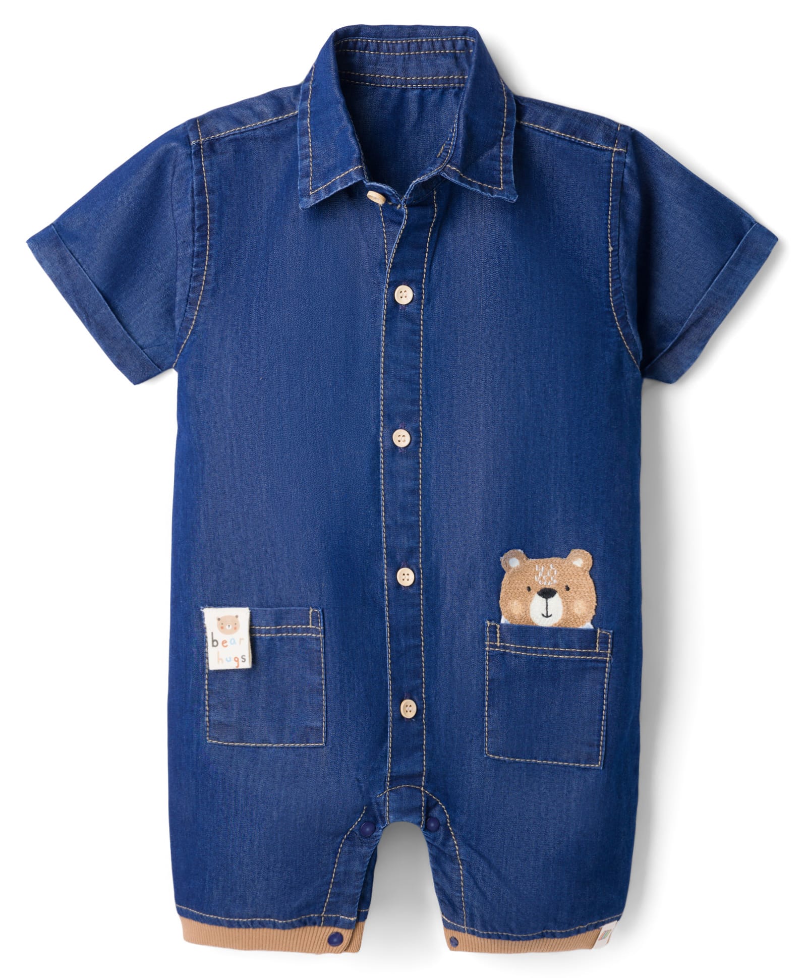 Little Kangaroos Denim Woven Half Sleeves Romper With Bear Patch - Navy Blue-image-39