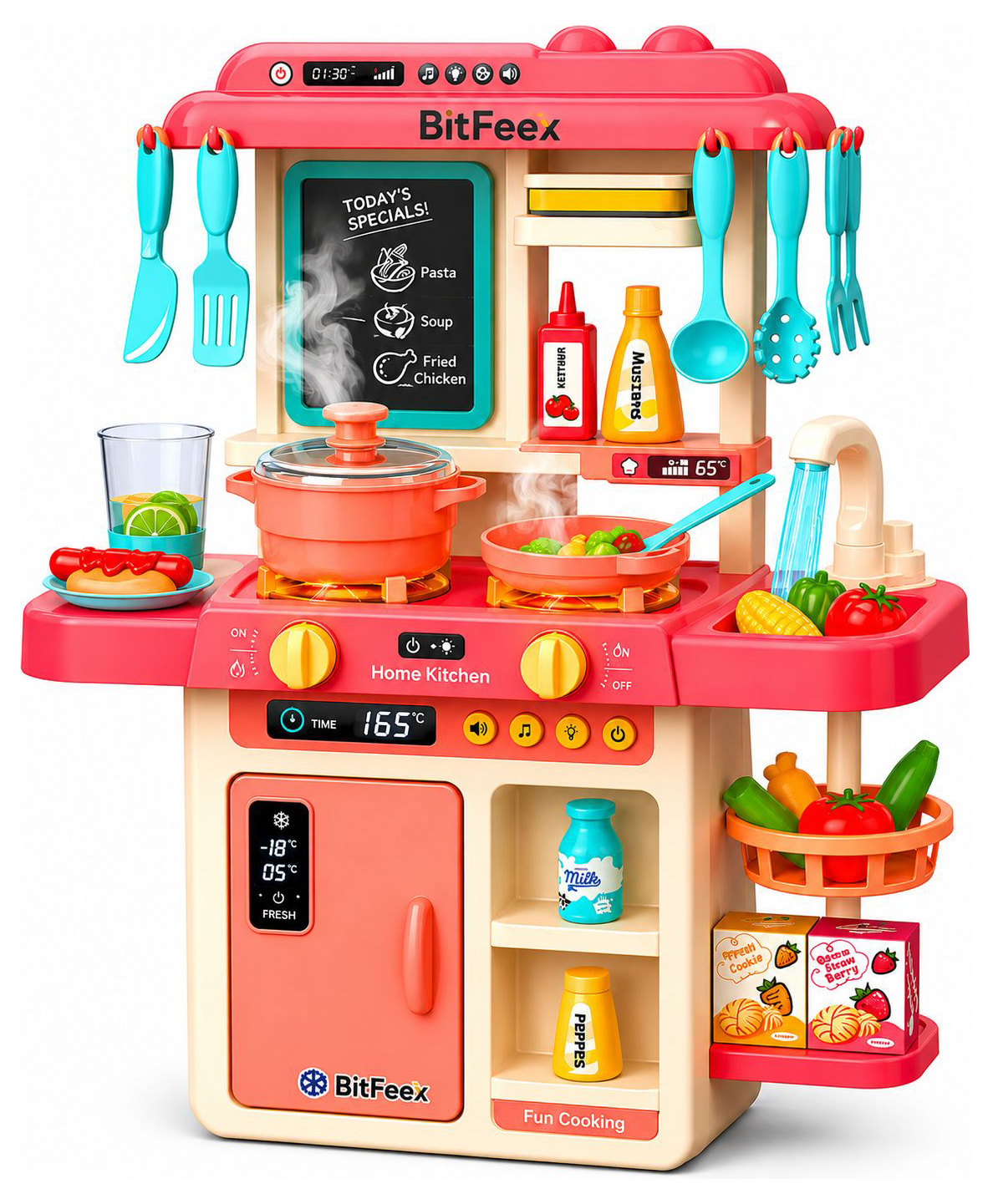 BitFeex Kitchen Set for Kids with Steam Stove, Running Water Faucet, Gas Sound & Light, Cooking Accessories & Chalkboard, Pretend Play Kitchen Toy for Girls and Boys-picture-10