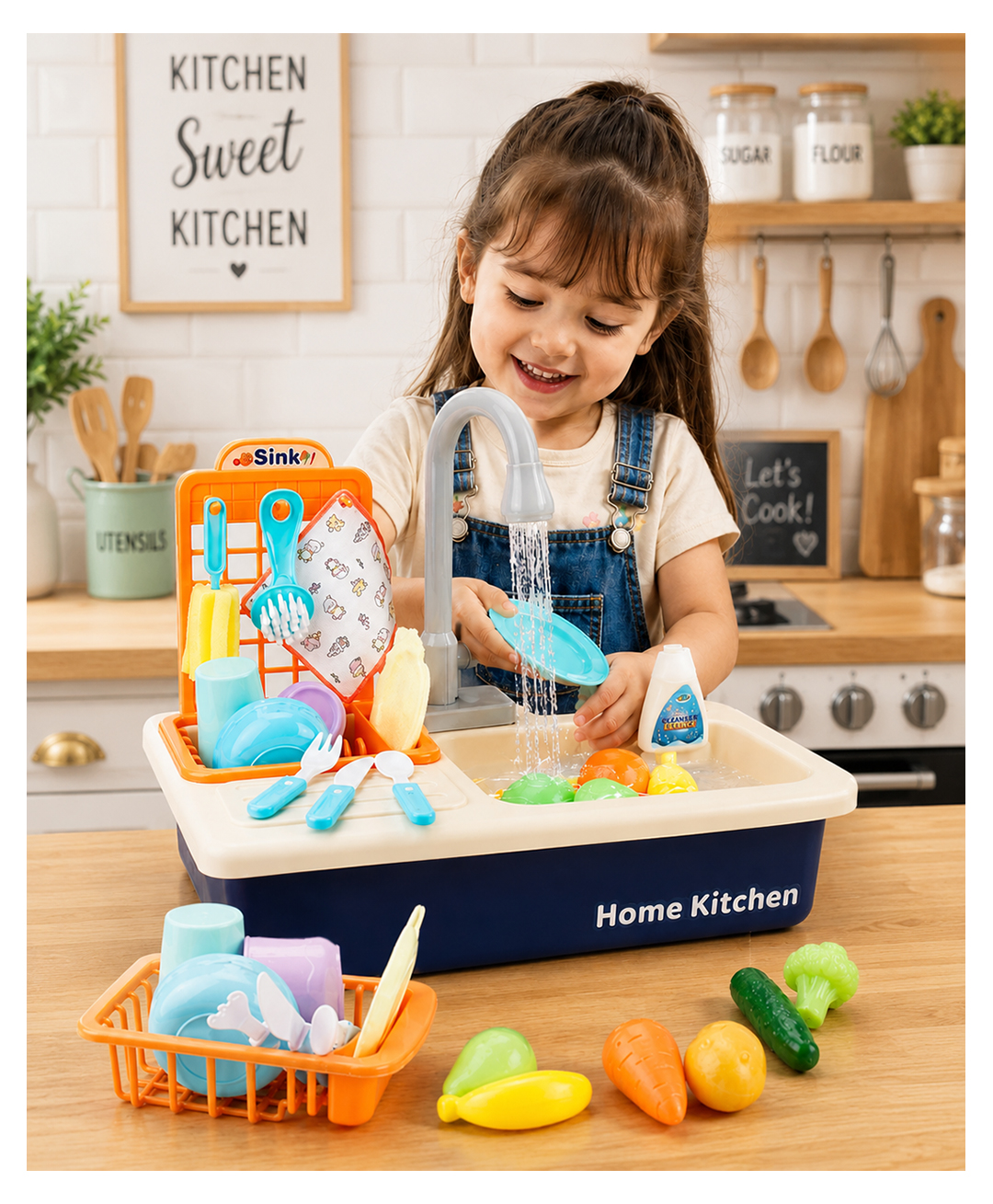 BitFeex Kitchen Set for Kids - Plastic Kids Play Kitchen Sink/Washbasin with Running Water, Electronic Pretend Role Play Kitchen Toys Set with Accessories for Boys & Girls-Blue-picture-10