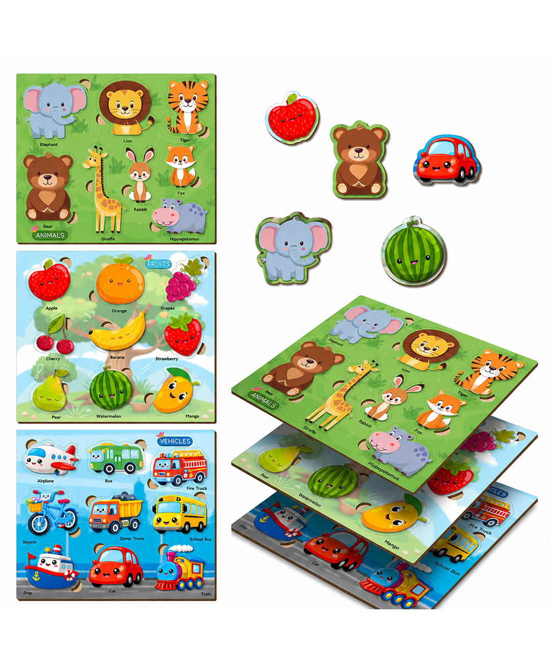 BitFeex Wooden Peg Puzzle Combo Pack 3 for Kids with Fruits Vehicles Animals Educational Learning Board Toy Set for Boys & Girls-picture-18