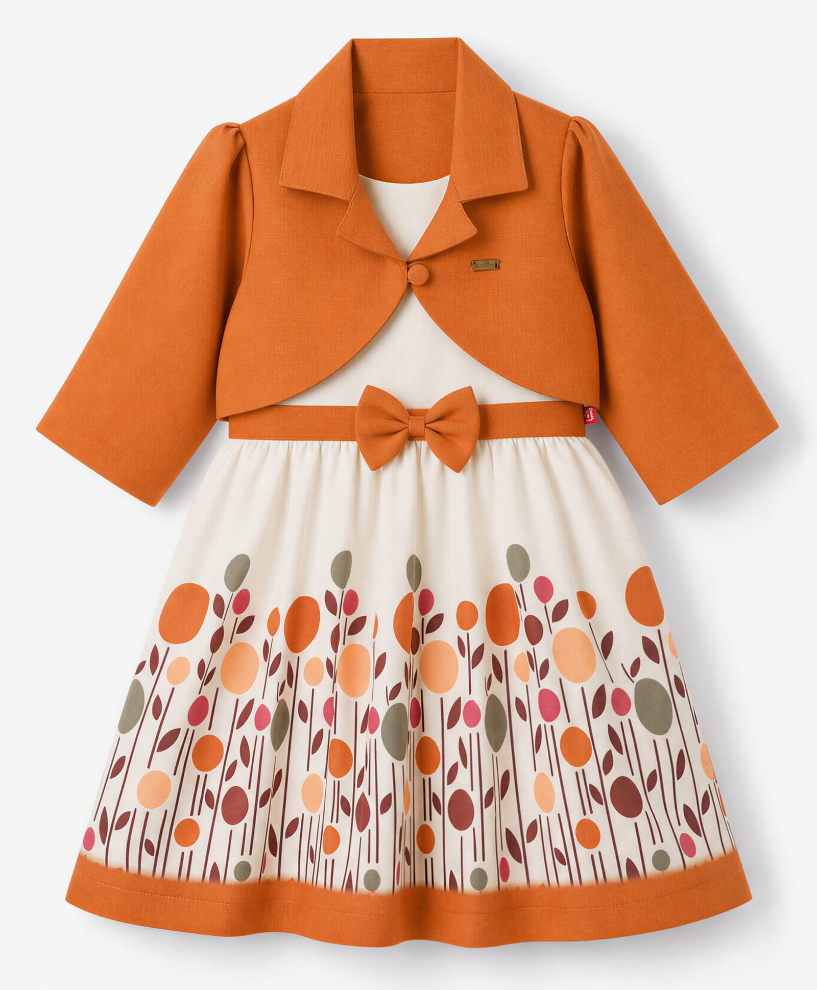 Twetoons Knitted Half Sleeves Floral Printed Frock with Shrug & Bow Applique - Mustard-image-20