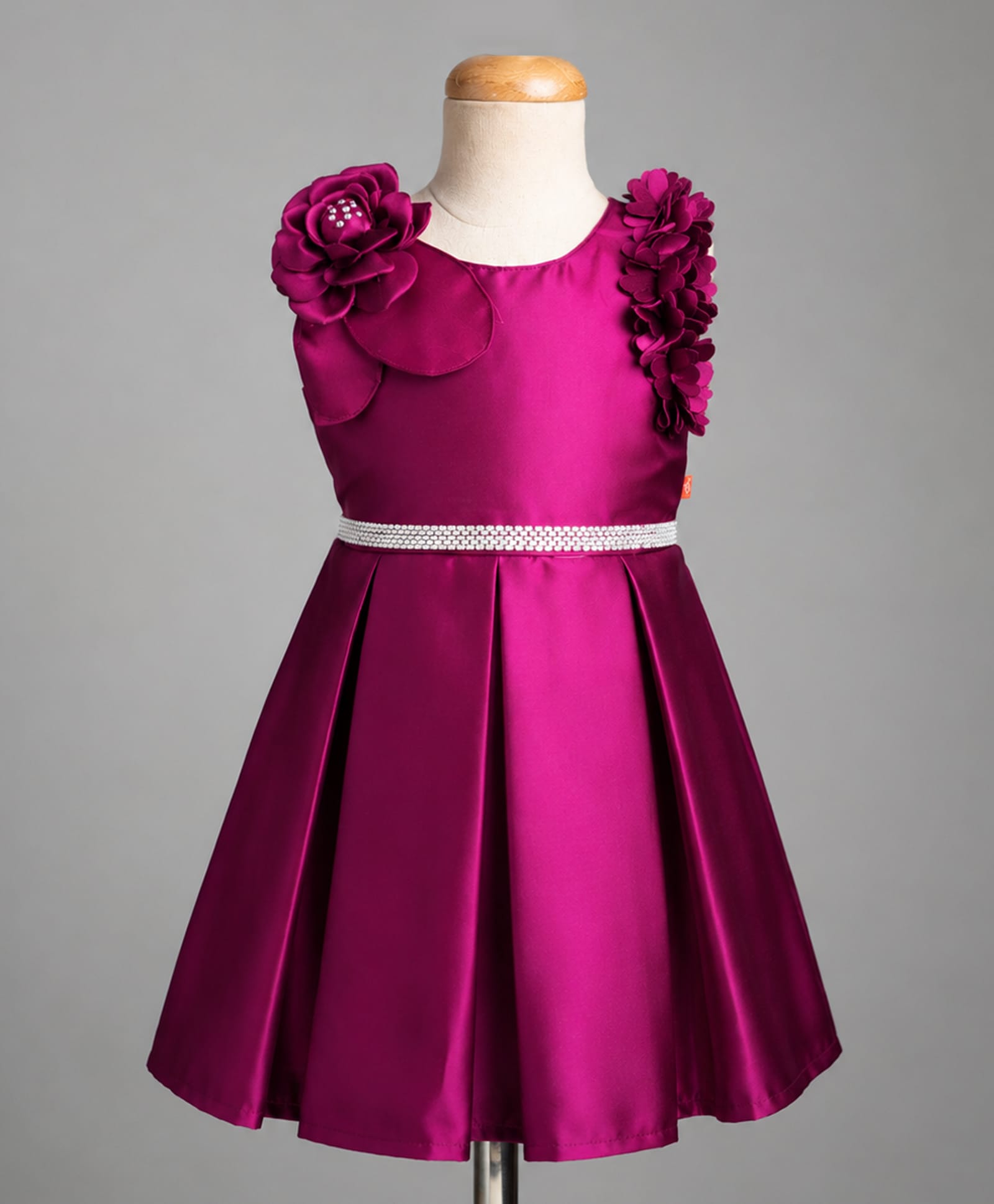 Twetoons Satin Woven Sleeveless Party Dress With Floral Corsage -Wine-image-33