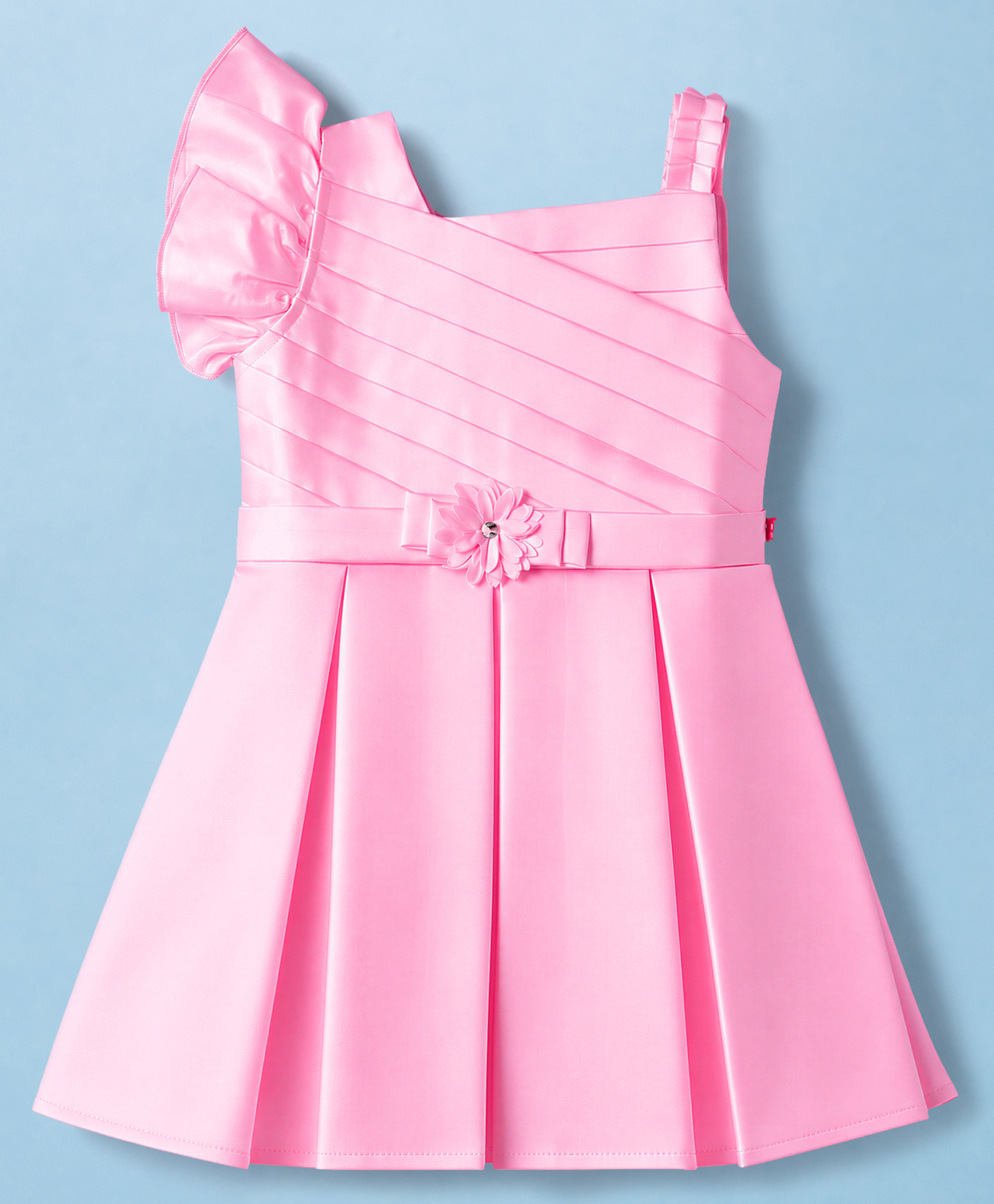 Twetoons Satin Woven Sleeveless Party Dress With Pin Tucked Design & Bow Applique - Pink-image-47