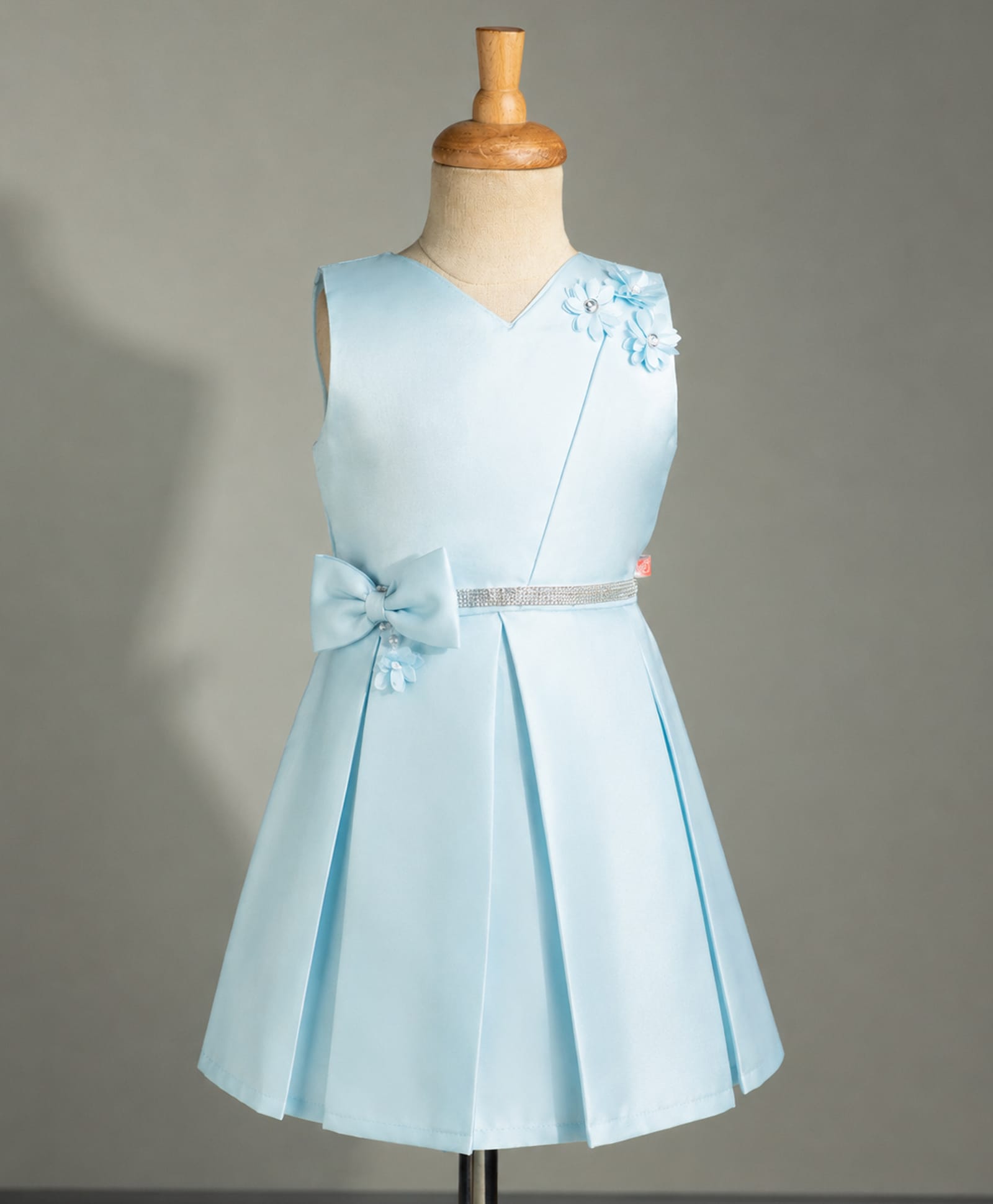 Twetoons Satin Woven Sleeveless Party Dress With Floral & Bow Applique -Light Blue-image-1