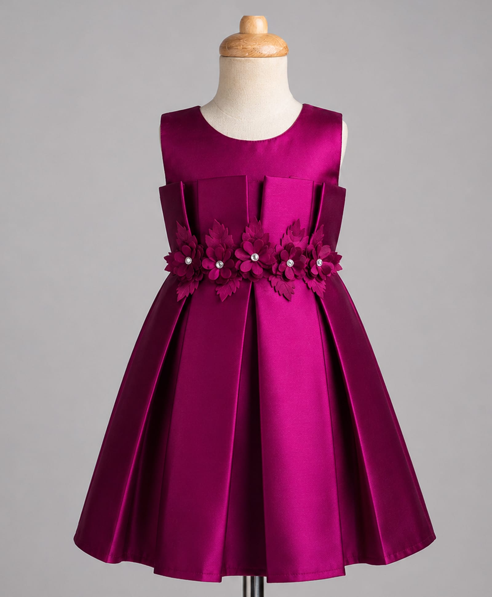 Twetoons Satin Woven Sleeveless Party Dress With Floral Corsage -Wine-image-38