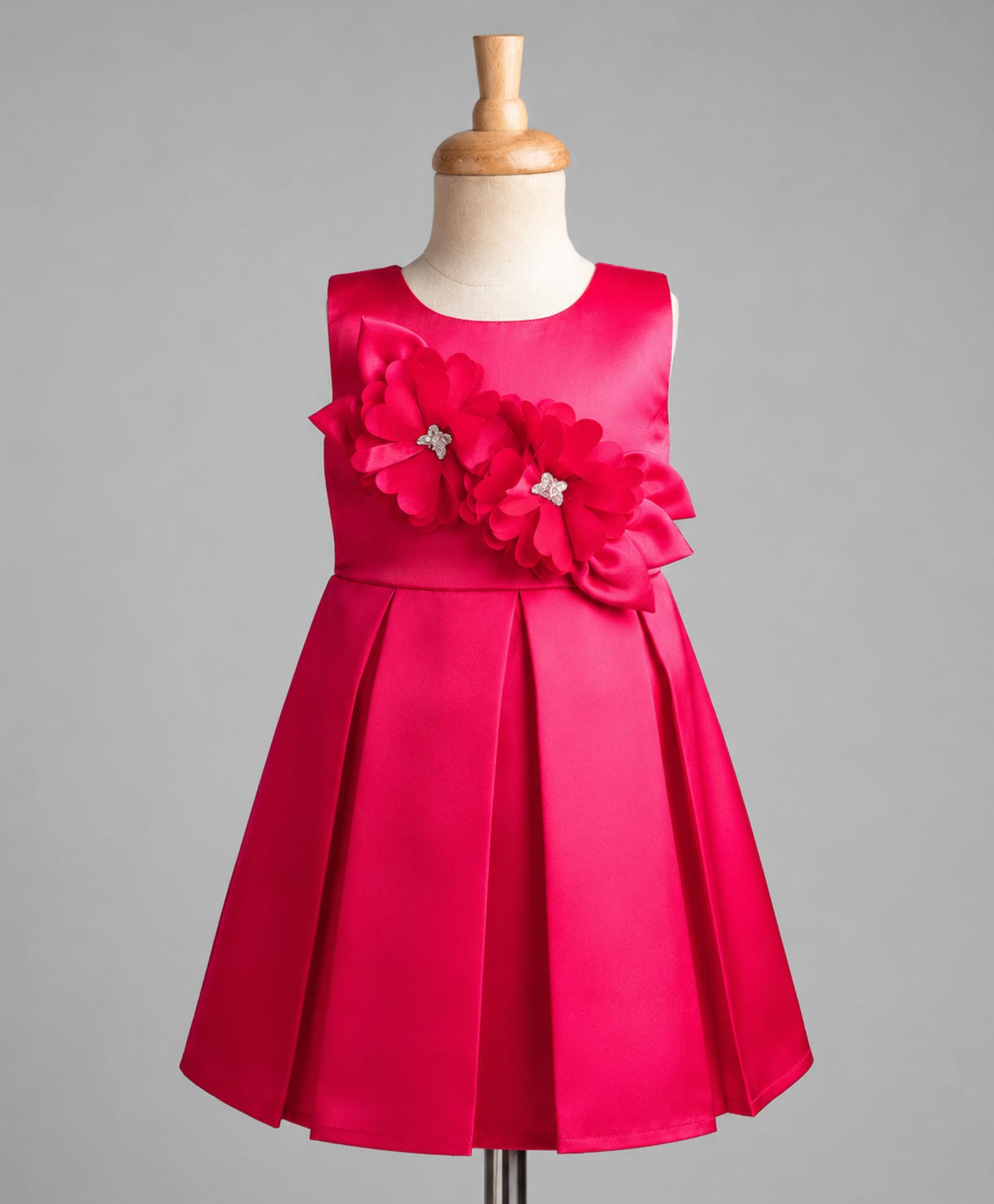 Twetoons Satin Woven Sleeveless Party Dress With Floral Corsage -Fuchsia-image-45