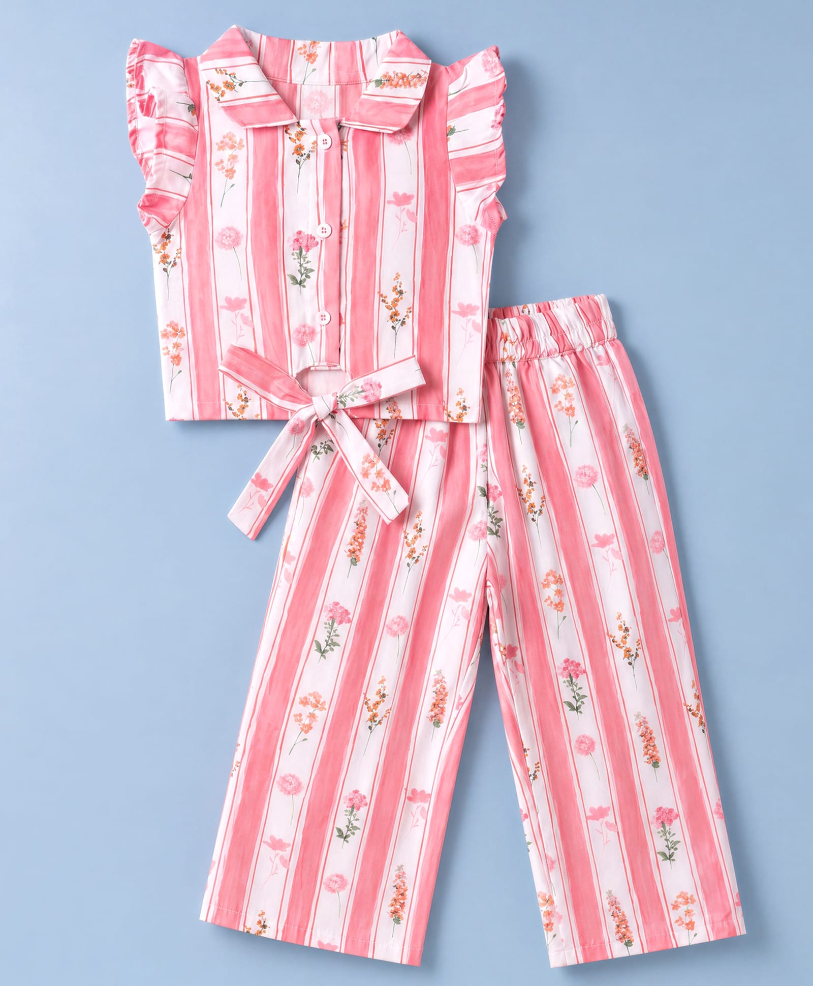 Twetoons Woven Sleeveless Striped & Floral Printed Co-Ords Top & Pant Set - Baby Pink-picture-24
