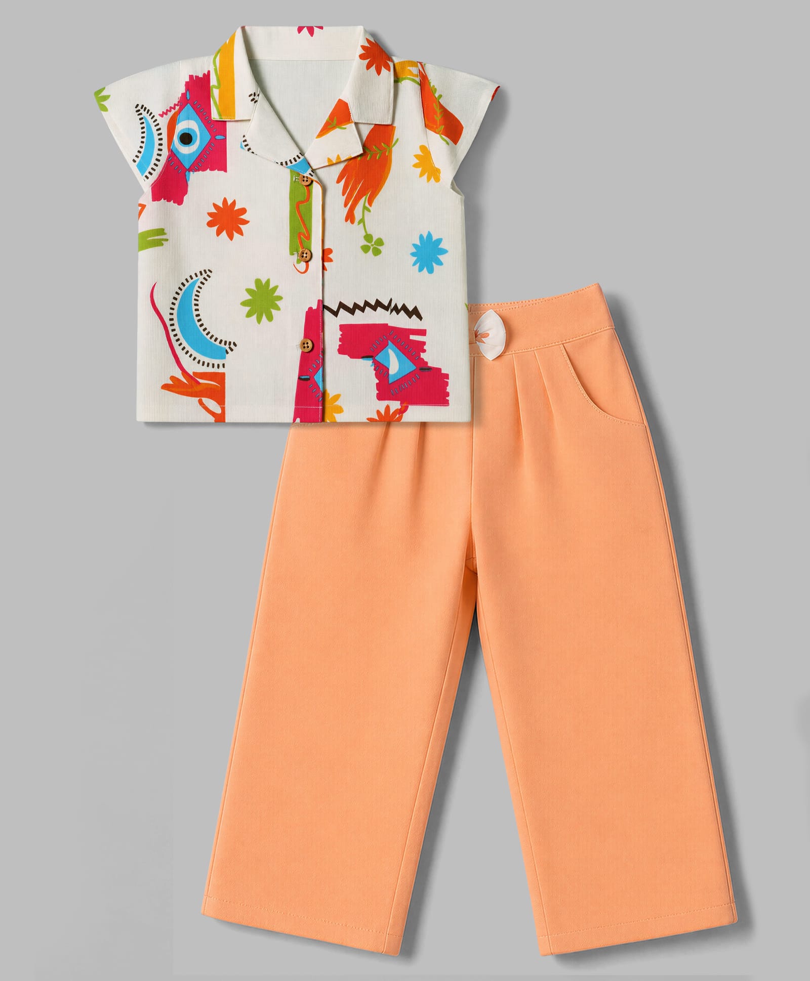 Twetoons Woven Full Sleeves Shirt & Pant With Floral Print- Orange-image-39