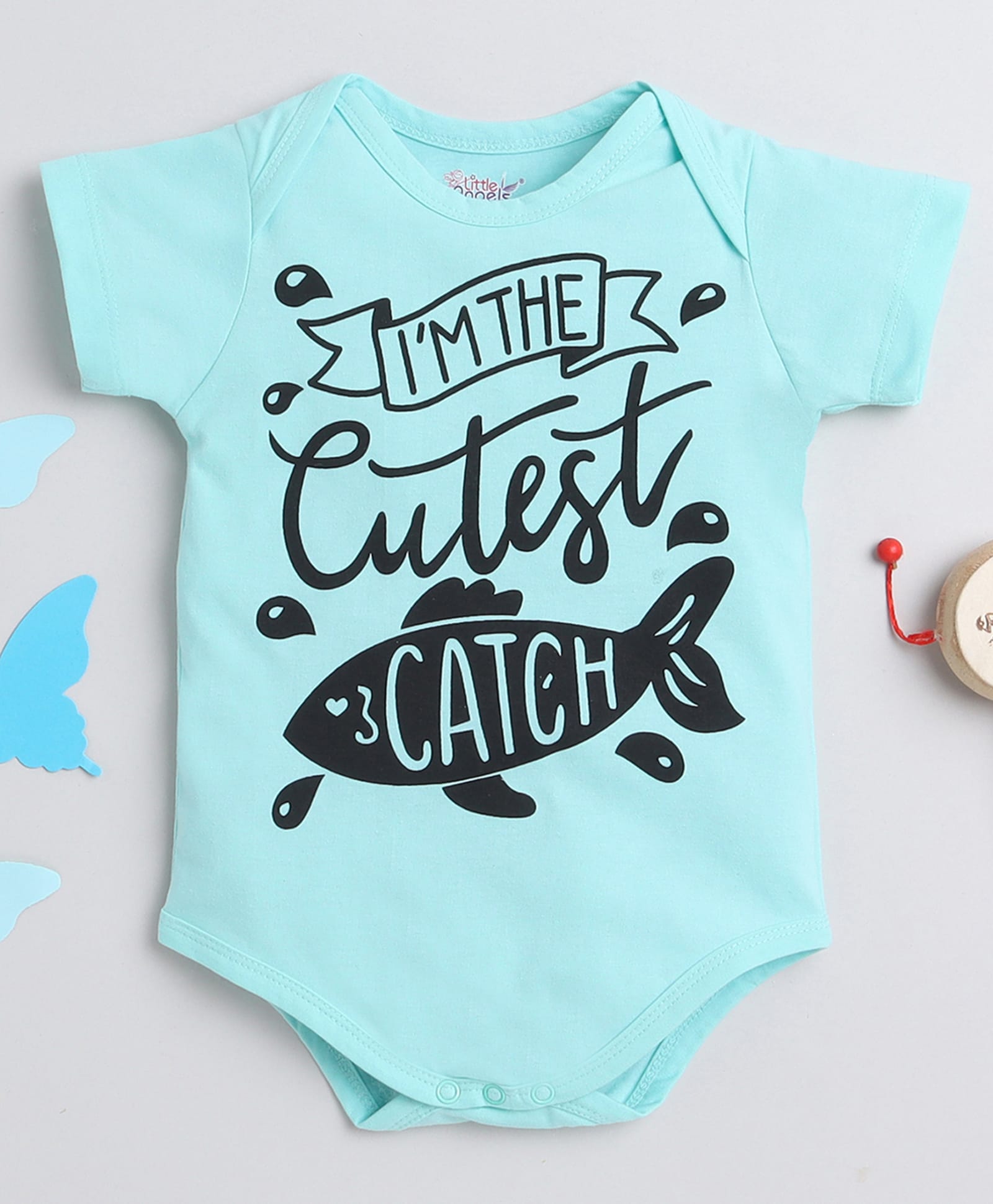 Little Angels Cotton Woven Half Sleeves Im the Cutest Catch Text Printed Onesie - Turquoise Blue-image-30