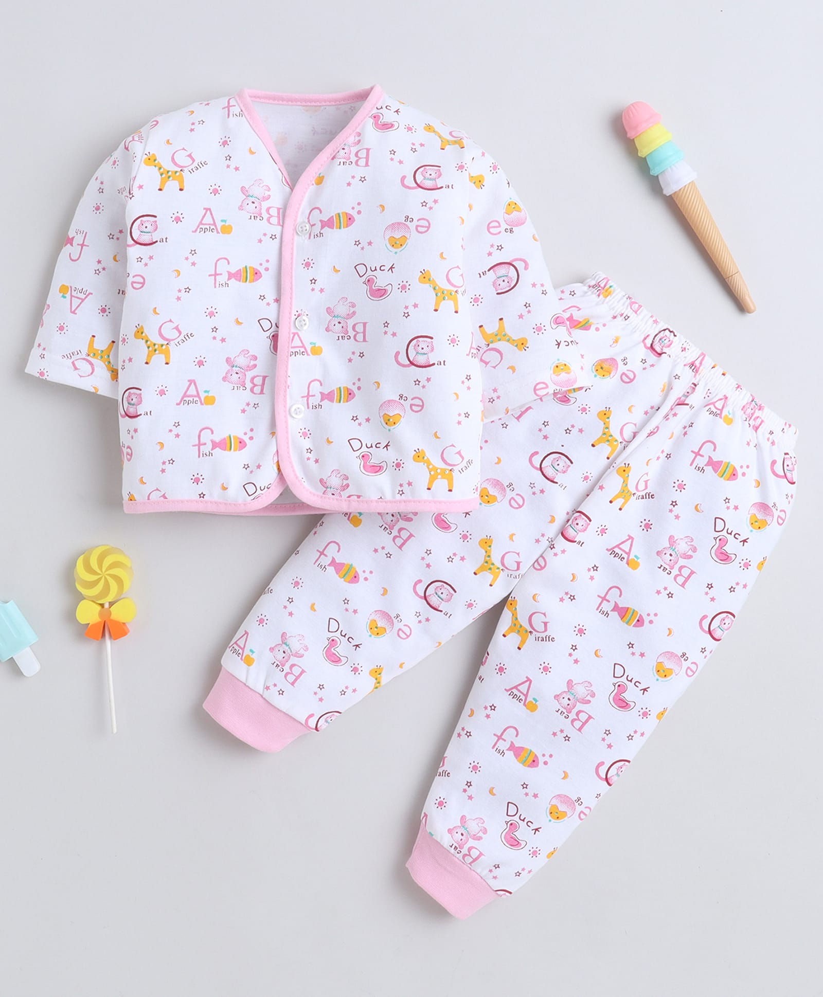 Little Angels Cotton Woven Full Sleeves Alphabet Theme Printed Coordnating Shirt & Pants Night Suit - Pink-image-5