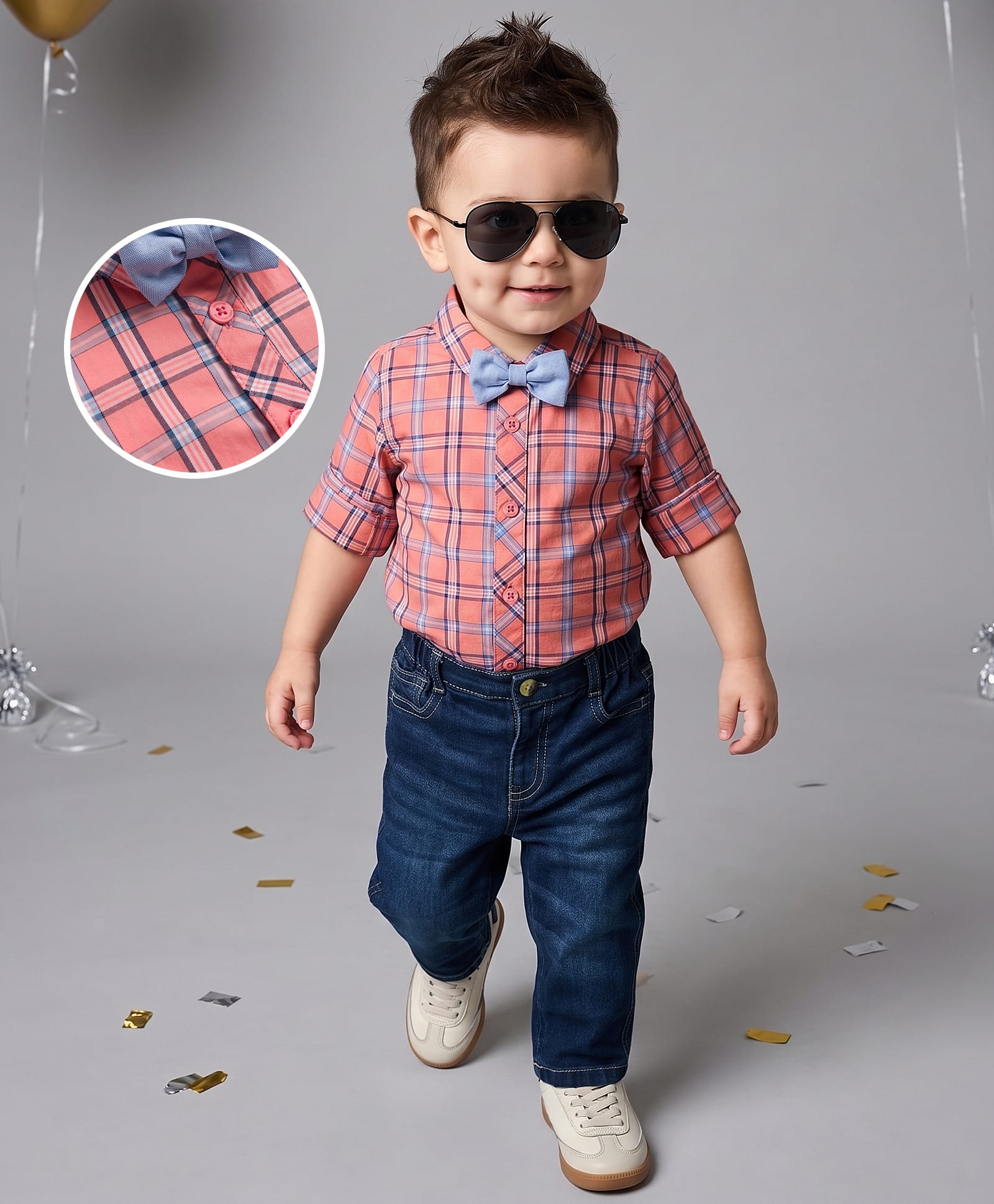 Babyoye 100% Cotton Woven 50's Giza Twill Y/D Checks Bottom - 97/3 Cotton/Lycra 8Oz Mid Wash Denim Solid Full Sleeves Shirt & Pant With Bow Set -Orange& Blue-picture-21