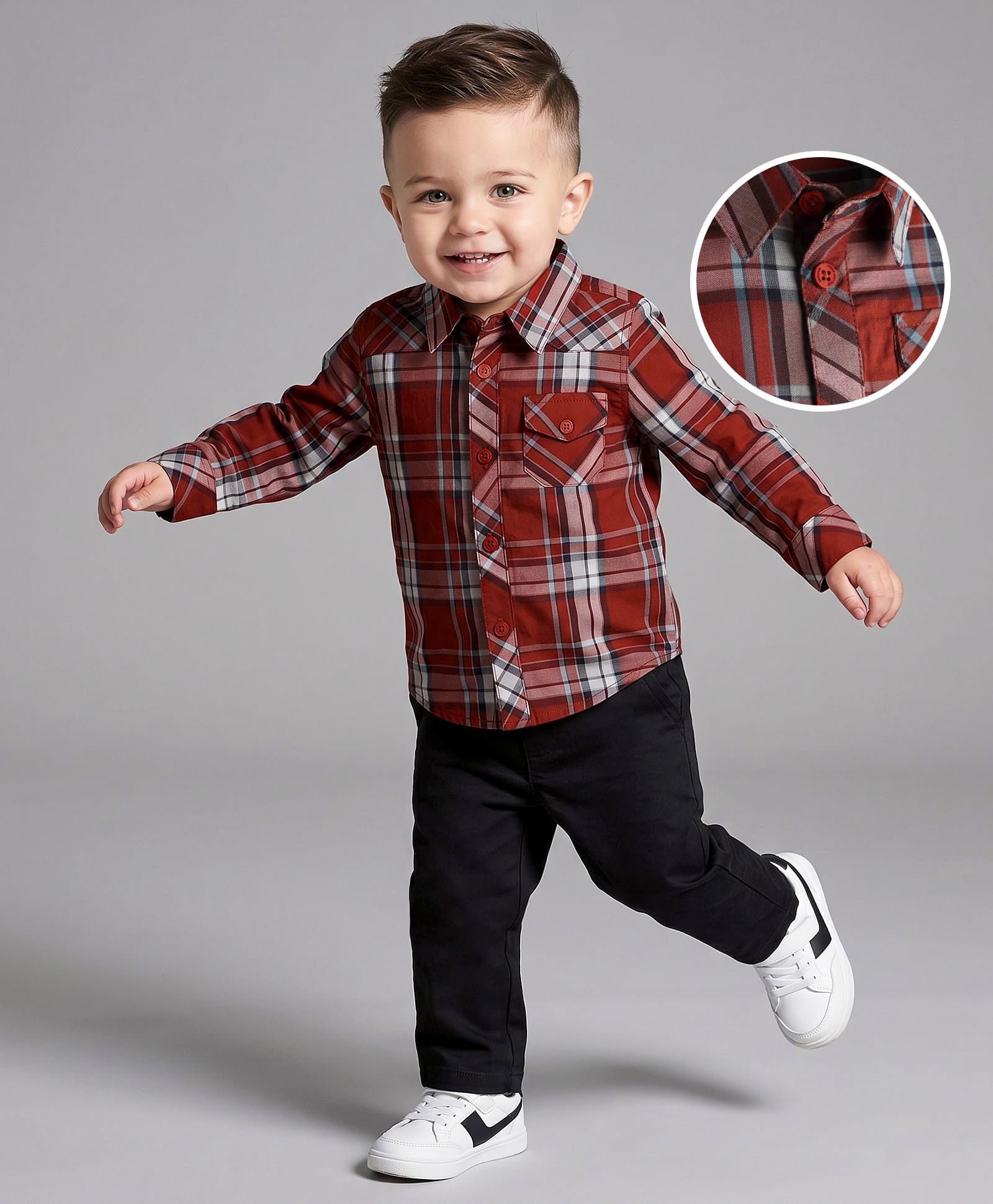 Babyoye Cotton Yarn dyed Woven Checkered Shirt & Trouser Set -Rust Orange & Navy Blue-image-35