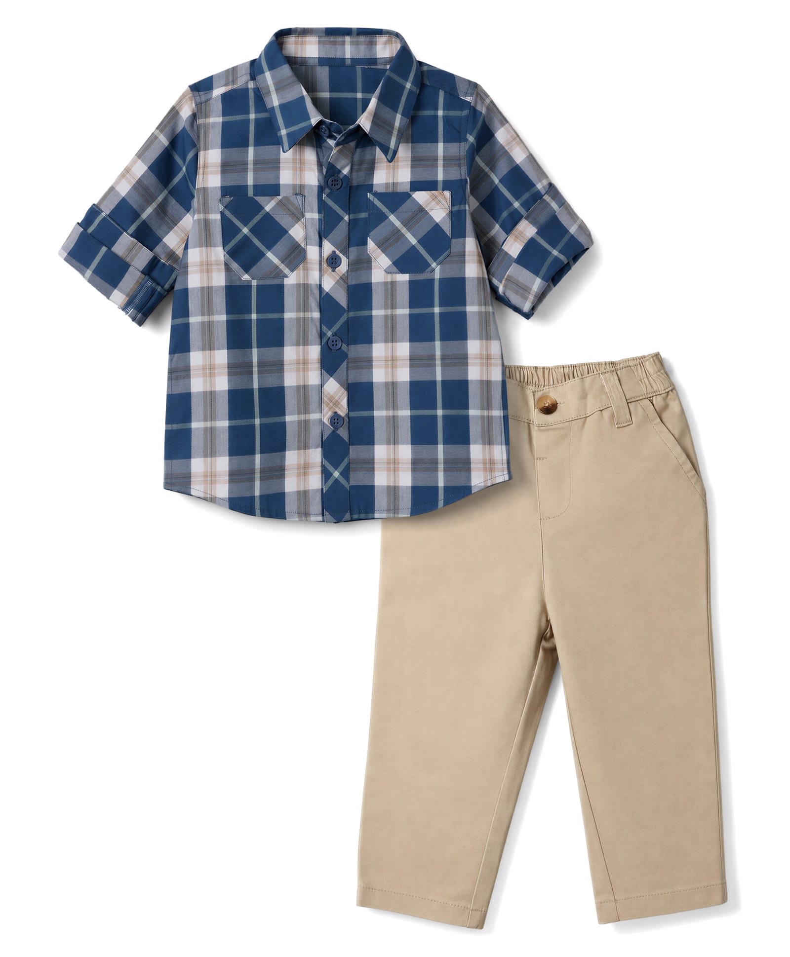 Babyoye Cotton Woven Full Sleeves Yarn Dyed Checks Shirt with Solid Trouser - Blue & Beige-image-38