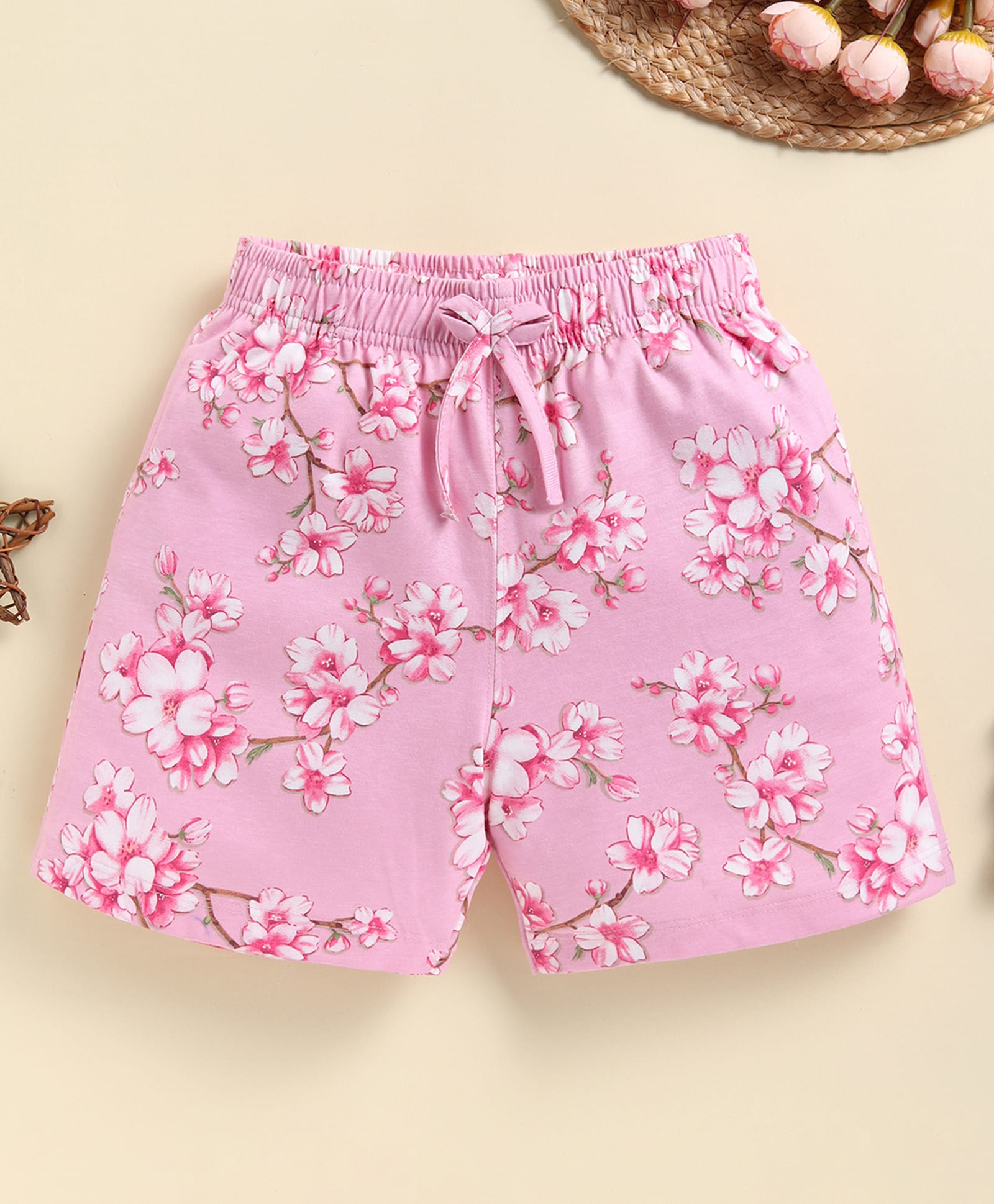 Biskid Sinker Knit Cherry Blossoms Printed & Bow Applique Detailed Shorts - Pink-picture-27
