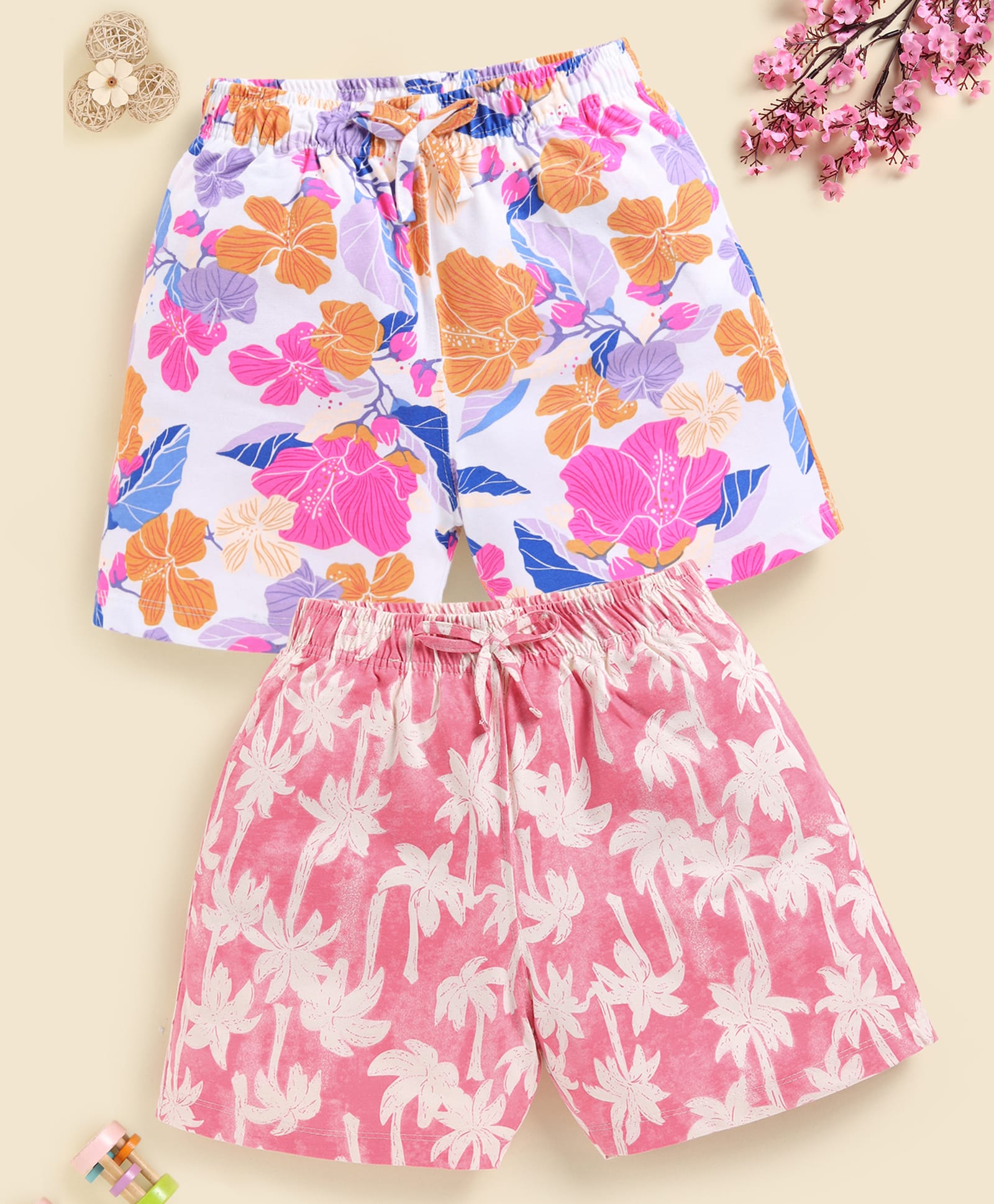 Biskid Sinker Knit Pack Of 2 Floral & Palm Trees Printed Shorts - Peach & Rani-picture-10