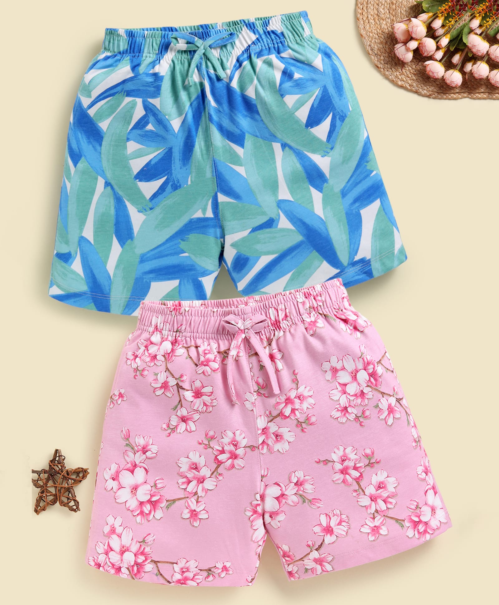 Biskid Sinker Knit Pack Of 2 Floral & Tropical Theme Printed Shorts - Pink & Royal Blue-picture-41