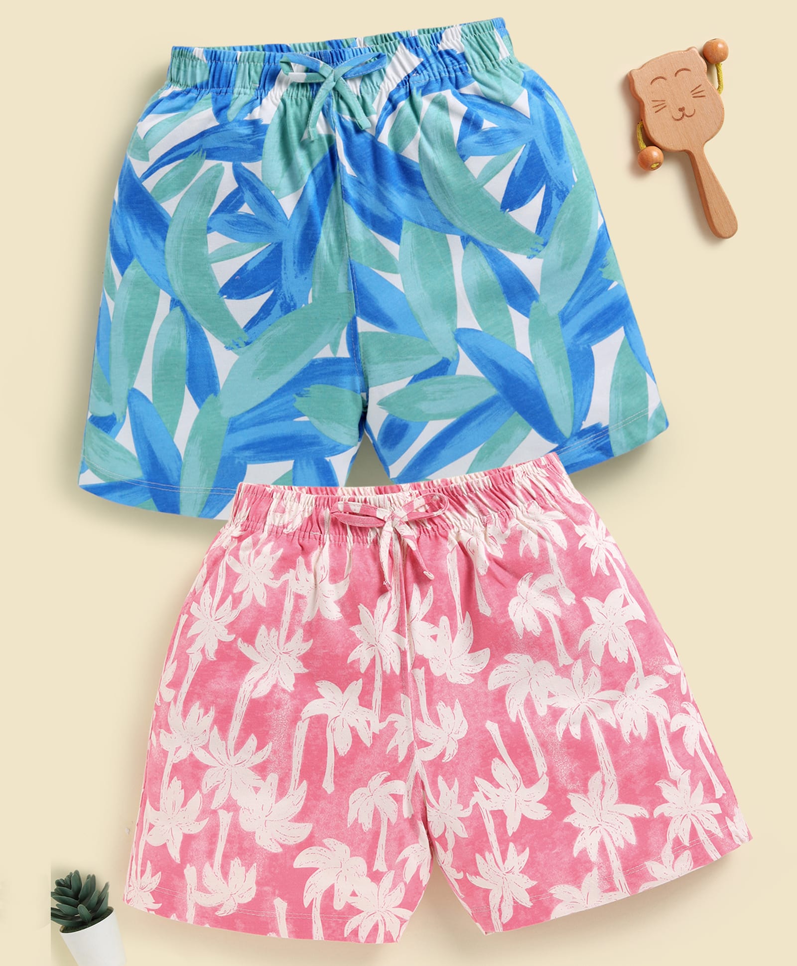 Biskid Sinker Knit Pack Of 2 Floral & Tropical Theme Printed Shorts - Royal Blue & Peach-picture-27