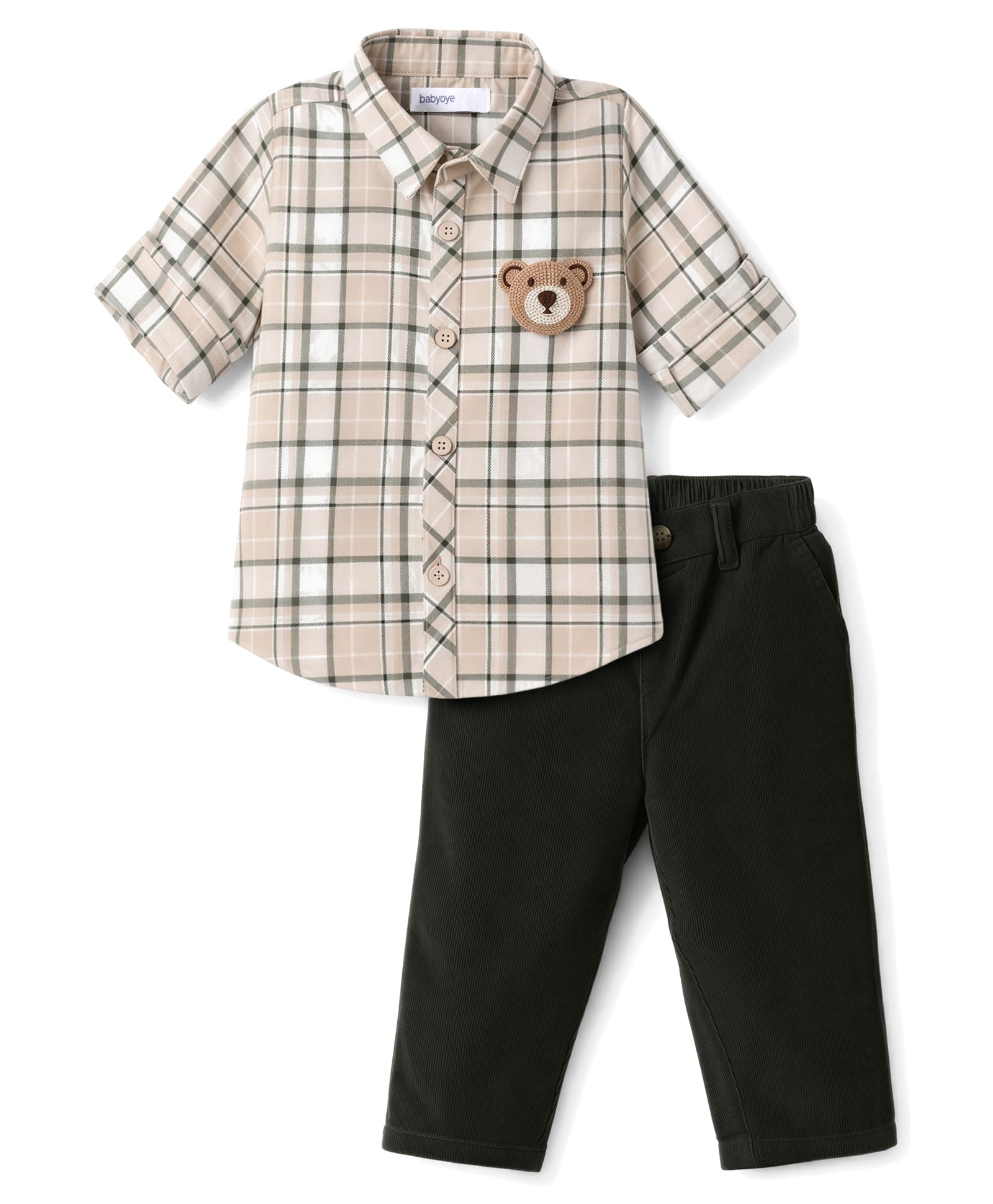 Babyoye Cotton Woven Full Sleeves Checked Shirt & Trouser Set With Bear Applique - Beige-image-37