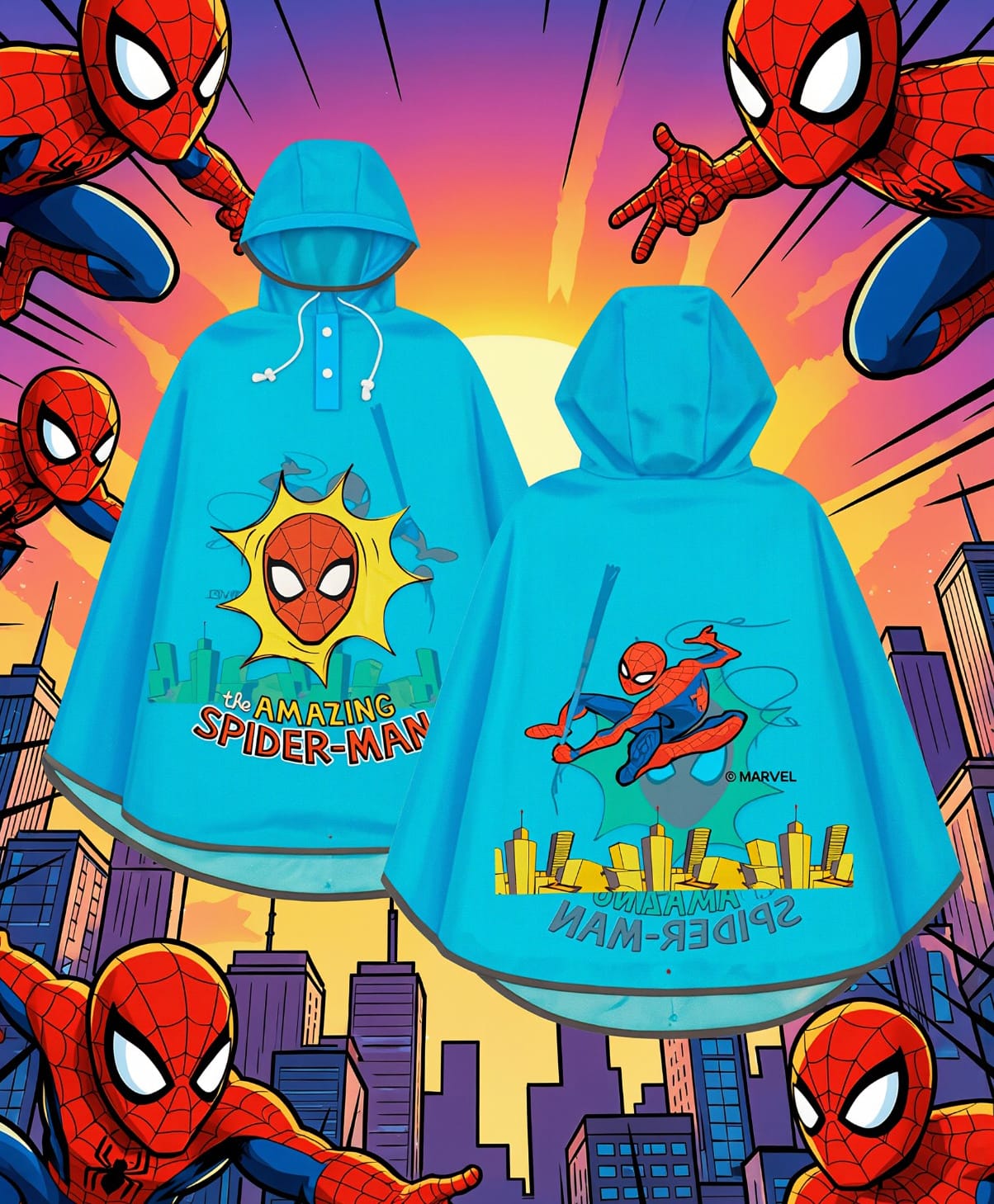 Yellow Bee Marvel Featuring Full Batwing Sleeves Spider Man Printed Poncho Style Hooded Raincoat - Light Blue-picture-13