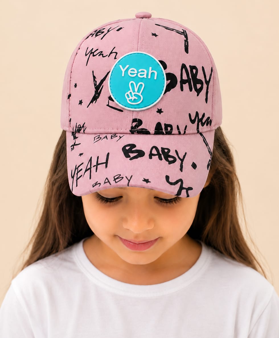 Vritraz Cotton Woven Yeah Text Printed Baseball Cap - Pink - Circumference 52-56 CM-image-43
