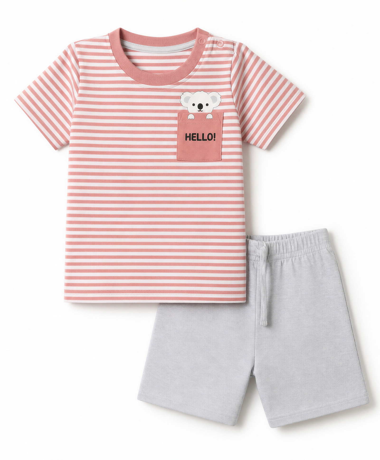Babyhug Knit Half Sleeves Striped Tshirt With Patch & Bottom Wear - Pink & Grey-image-44