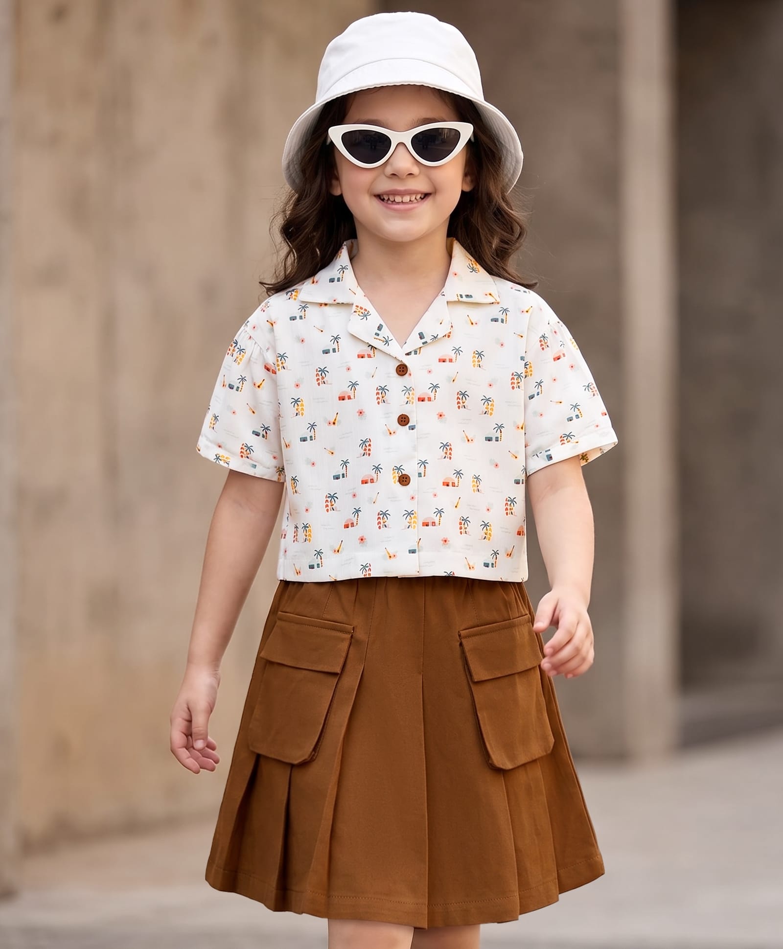 OLLINGTON ST. Woven Half Sleeves Palm Tree Printed Top & Cotton Twill Skirt - White & Brown-image-33