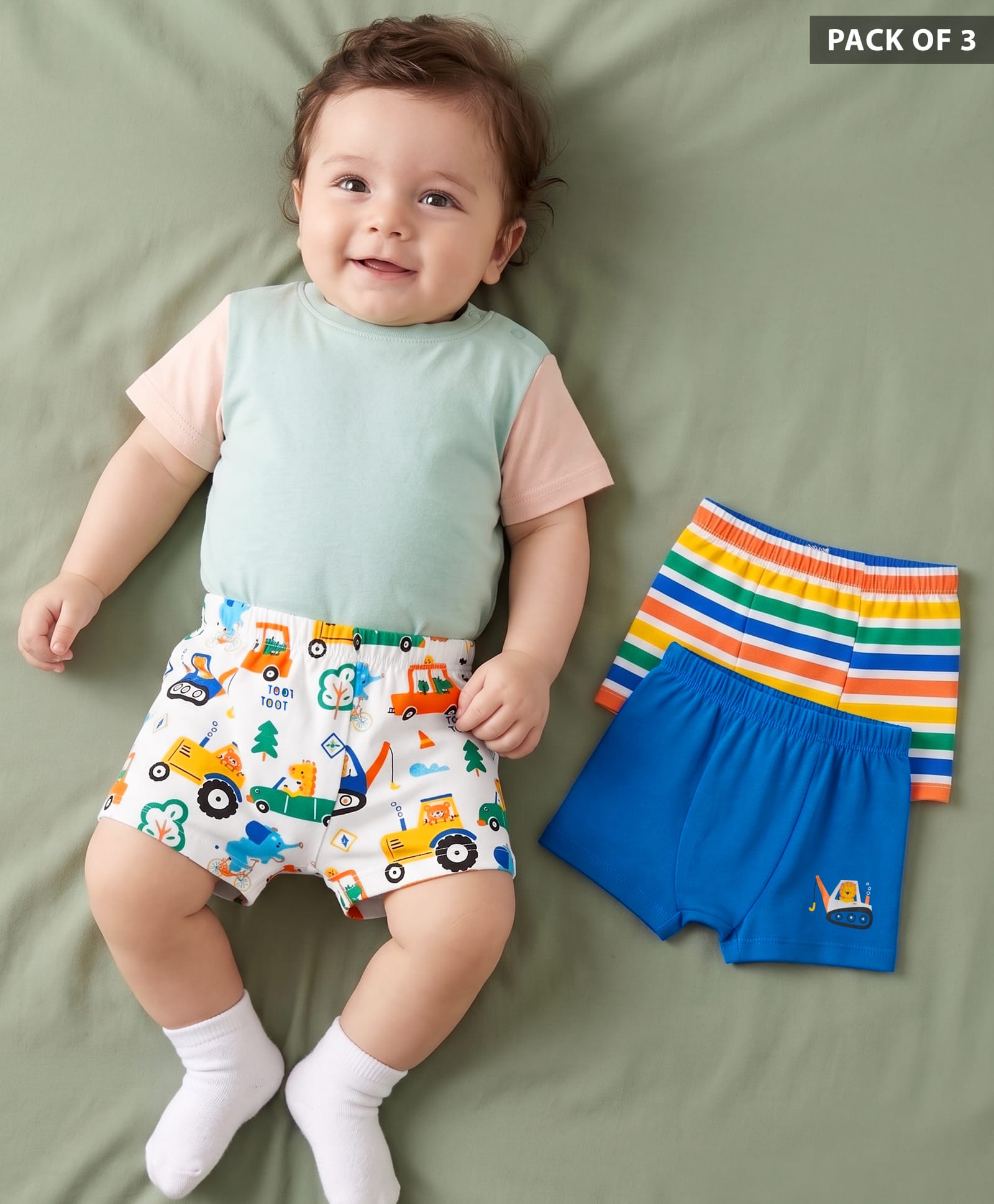 Babyhug 100% Cotton Single Jersey Knit Striped & JCB Printed Trunks Pack of 3 - Blue-image-7