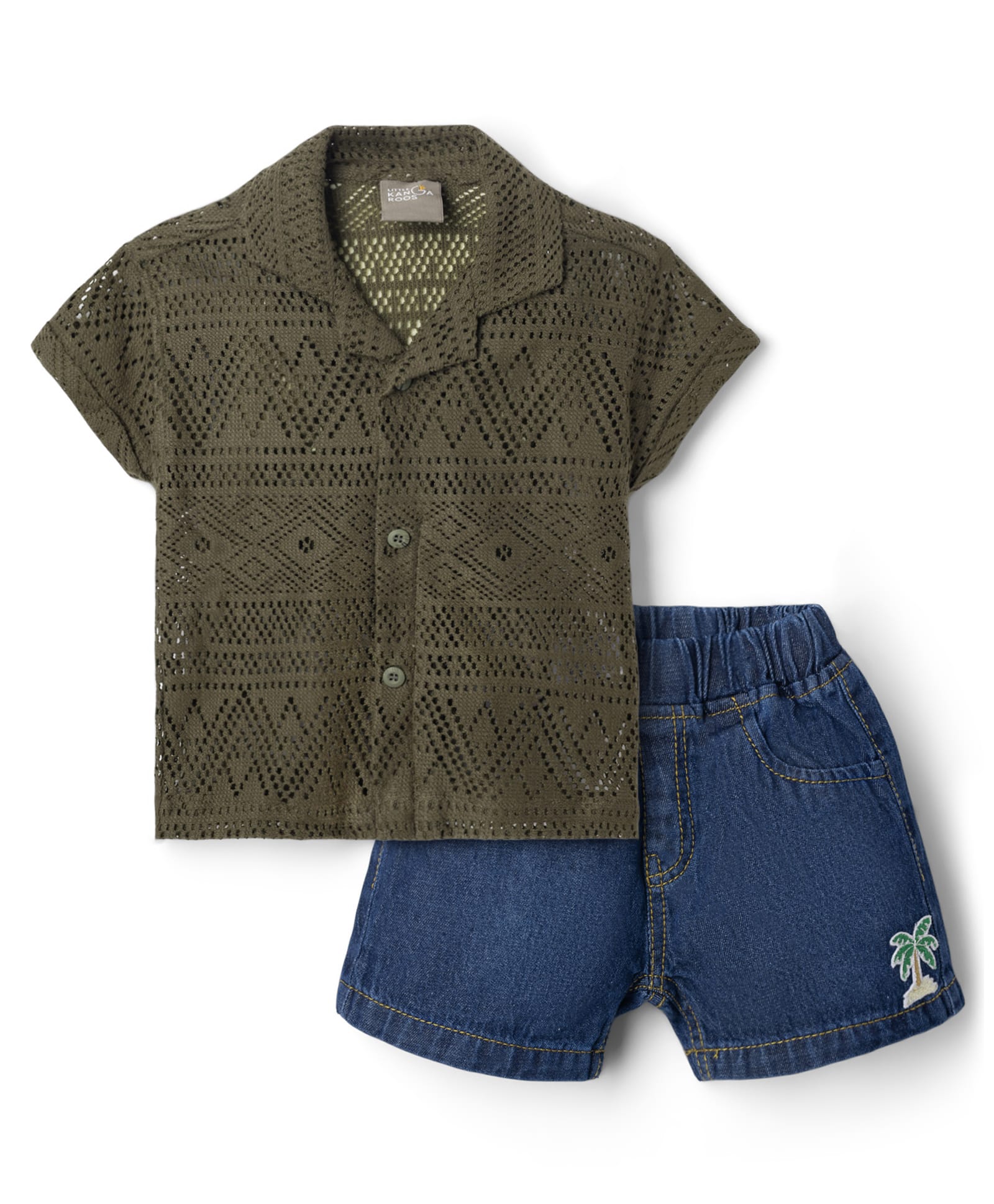 Little Kangaroos Jacquard Woven Half Sleeves Shirt & Shorts Set - Olive Green-image-33