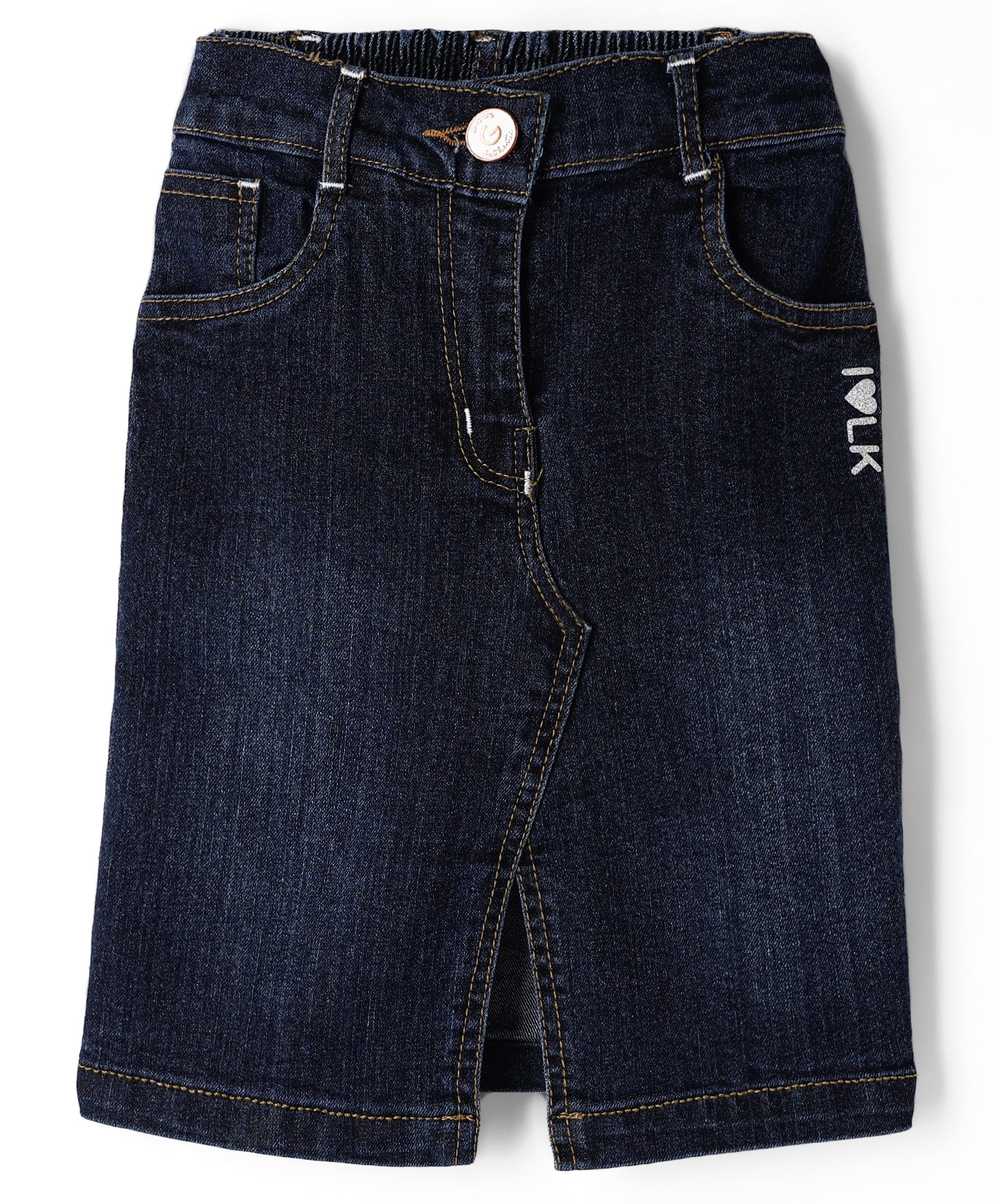 Little Kangaroos Denim Jacquard Knee Length Glitter Text Printed Skirt - Navy Blue-picture-16
