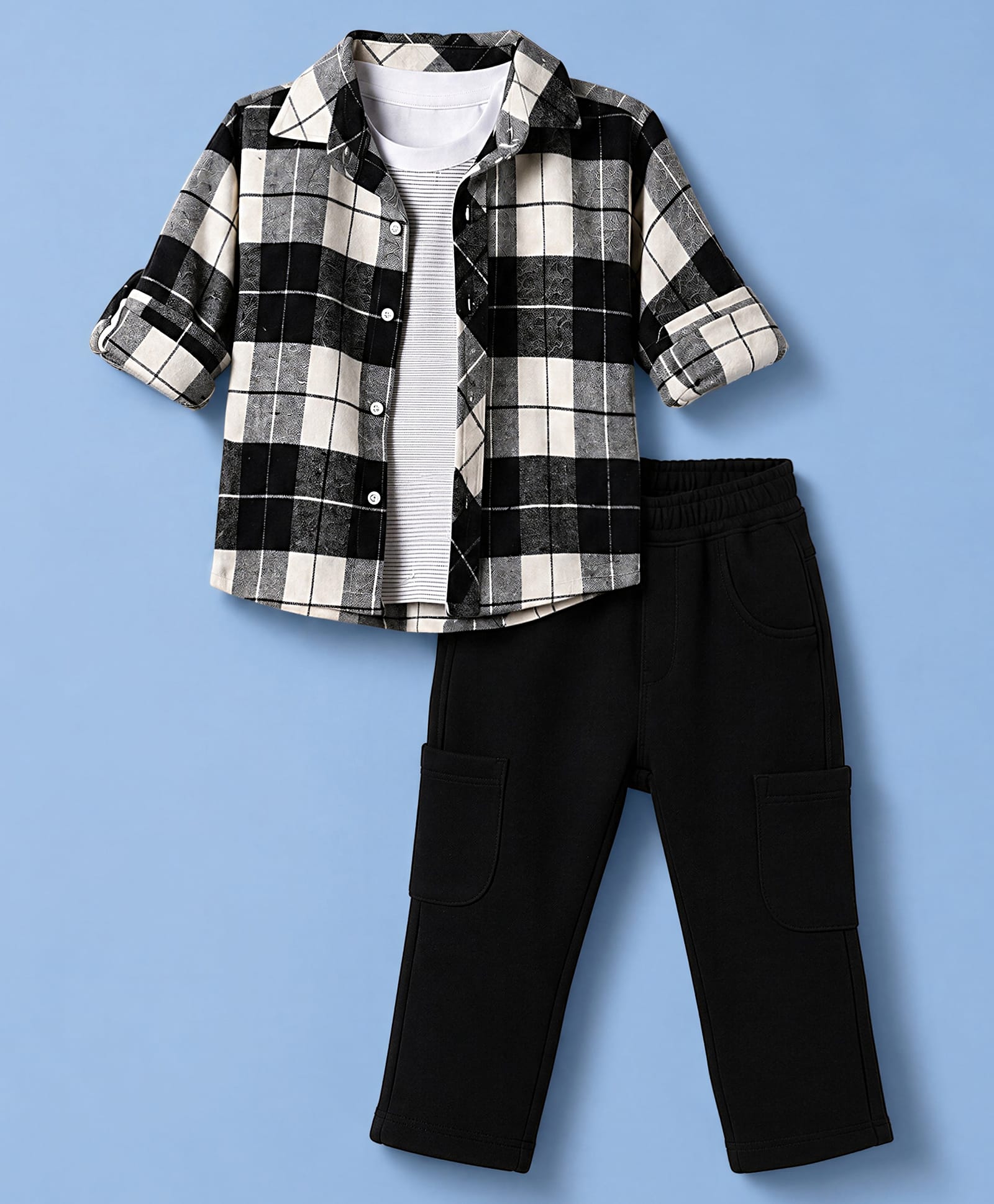 Little Kangaroos Cotton Woven Full Sleeves Checked Shirt & Pants Set With Striped Inner Tee - Black-picture-12