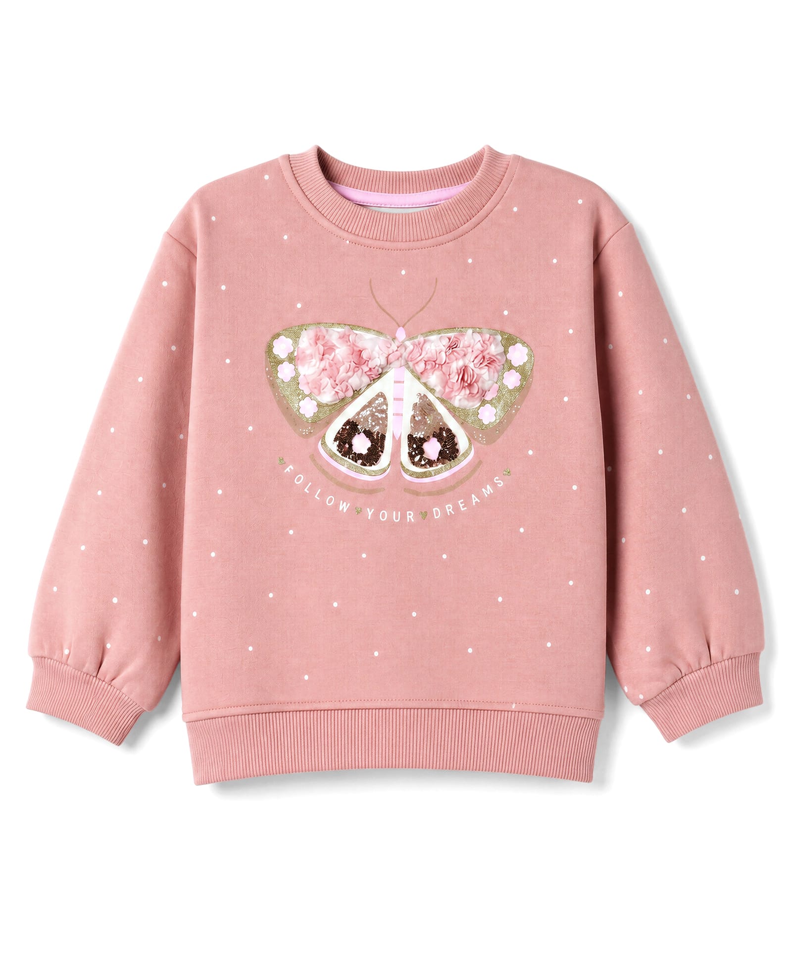 Little Kangaroos Fleece Knit Full Sleeves Sweatshirt With Butterfly Print & Floral Applique - Light Peach-picture-24