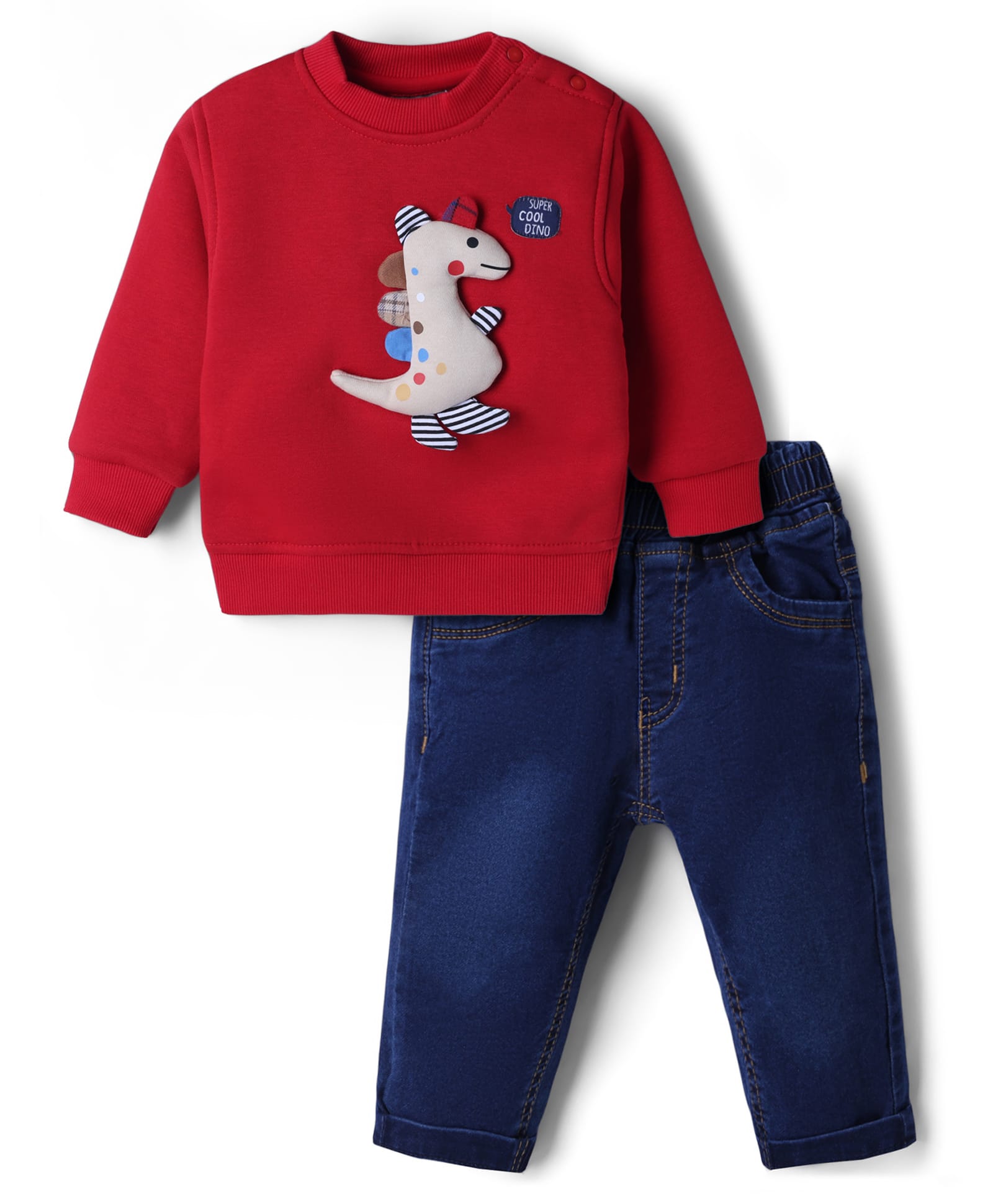 Little Kangaroos Fleece Knit Full Sleeves Sweatshirt & Jeans Set with Dino Applique- Red-image-32