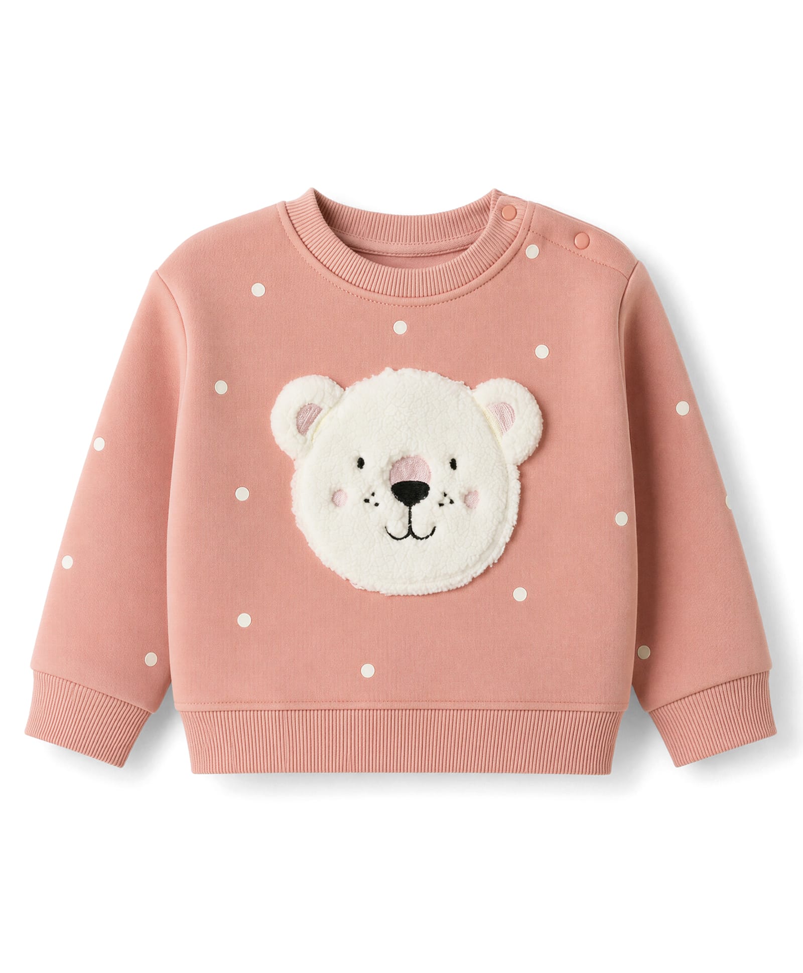 Little Kangaroos Fleece Knit Sweatshirt with Polka Dot Printed Full Sleeves and Bear Applique - Light Peach-image-14
