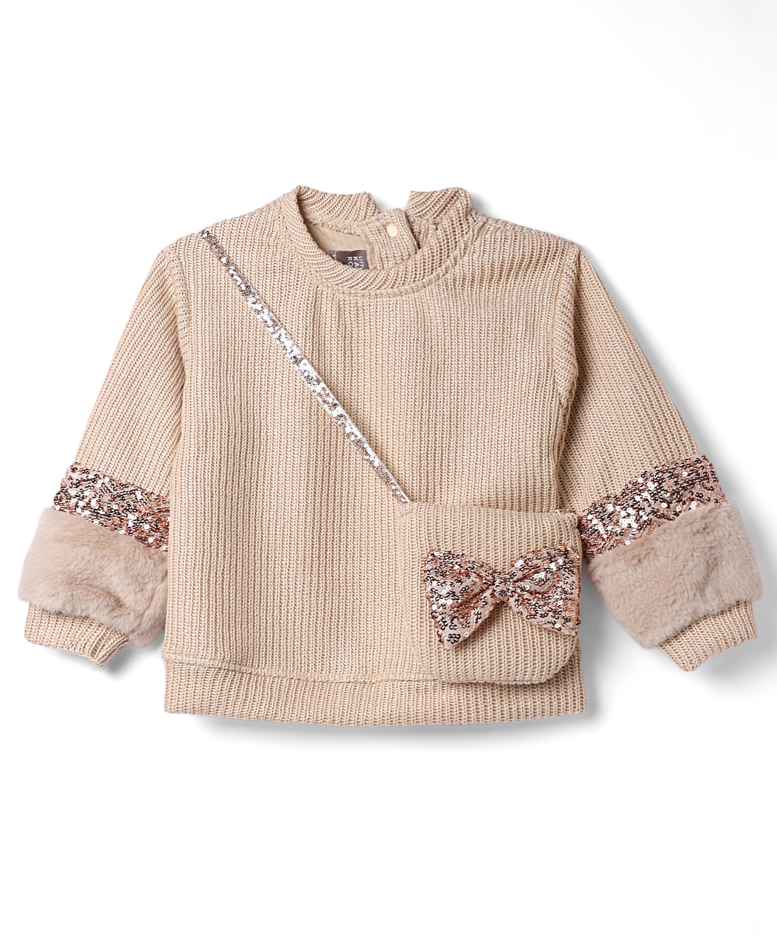 Little Kangaroos Fleece Knit Sweatshirt and Bag with Full Sleeves and Sequins Embellishment - Light Brown-image-43