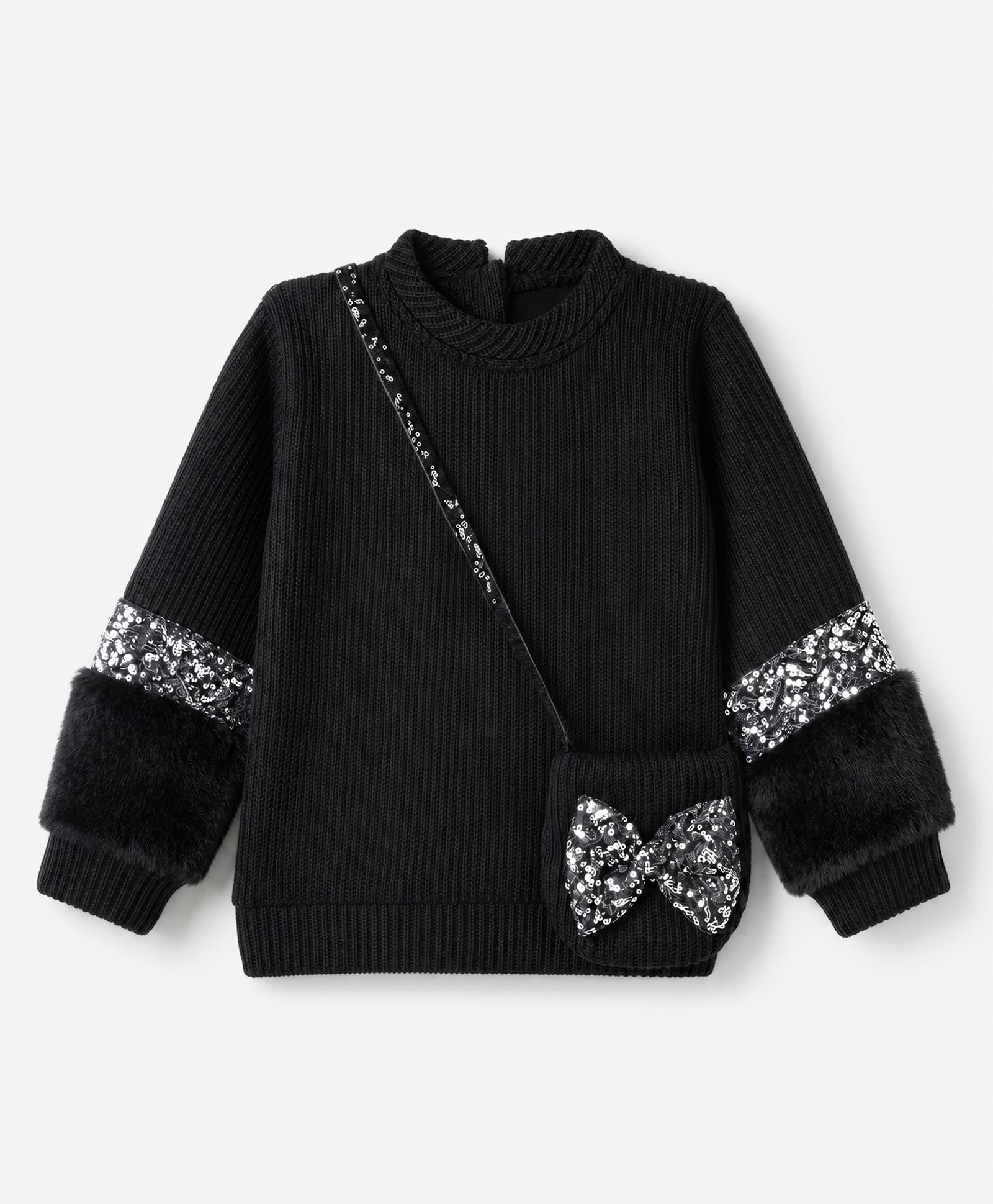 Little Kangaroos Fleece Knit Sweatshirt and Bag with Full Sleeves and Sequins Embellishment - Black-picture-19