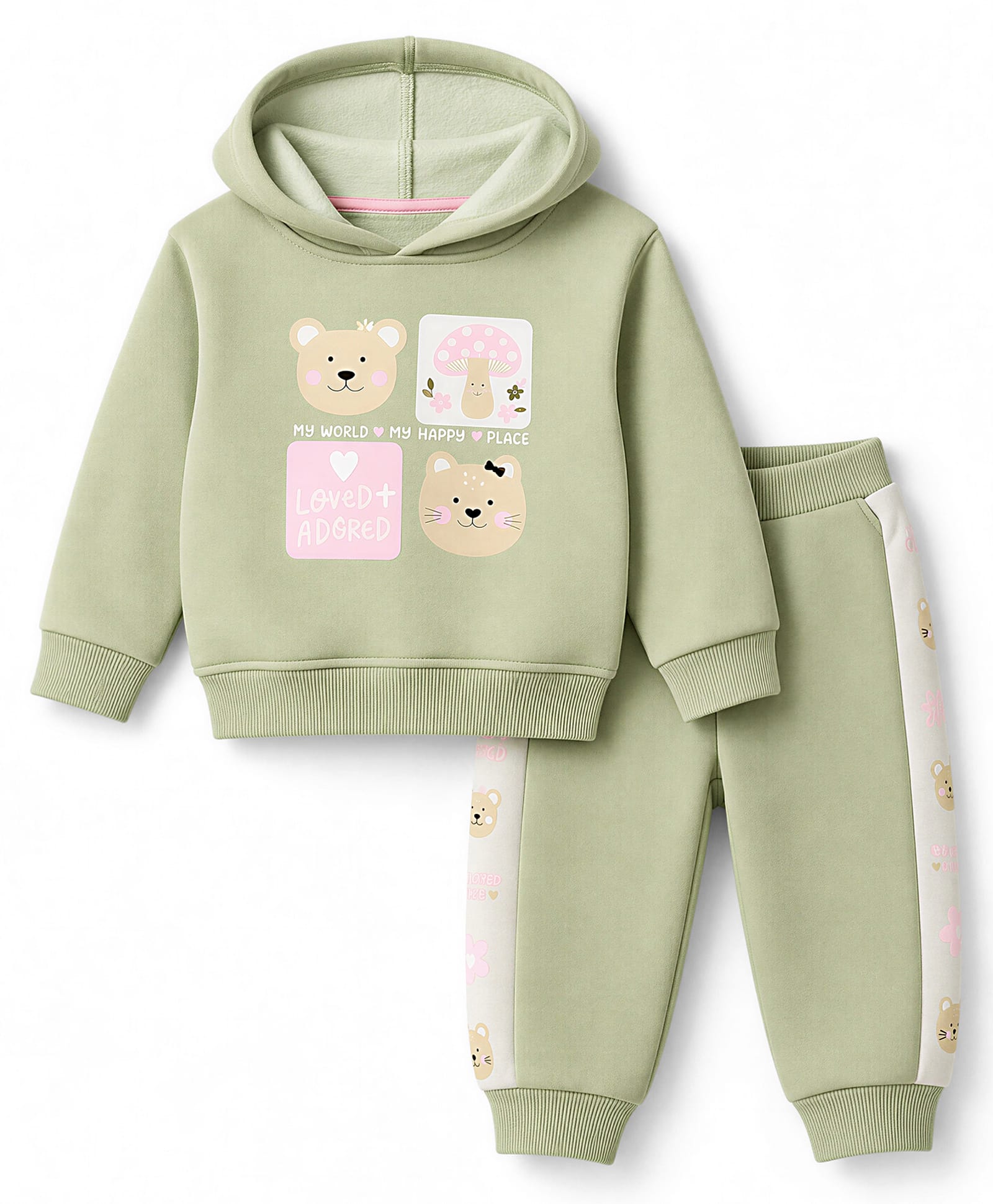 Little Kangaroos Fleece Knit Full Sleeves Hodded Winter Wear Suit With Bear Print - Olive Green-image-20